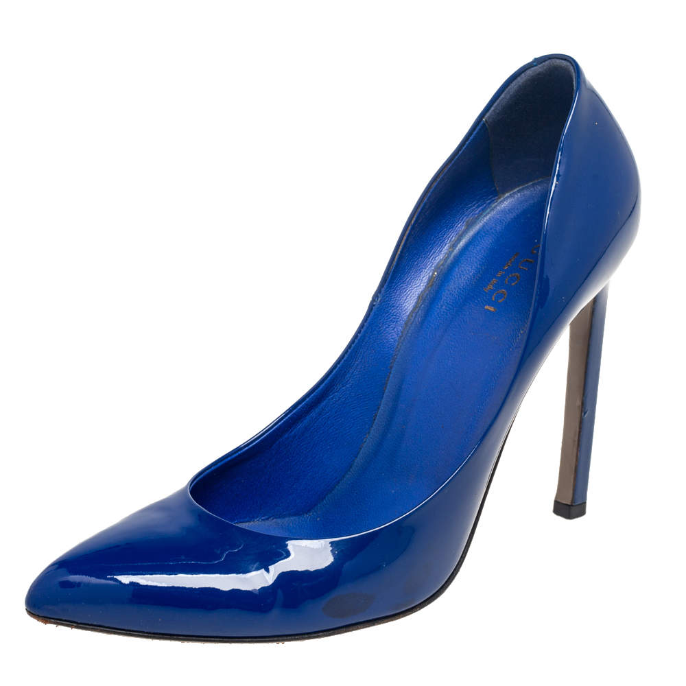 Pre Owned Gucci Royal Blue Patent Leather Pointed-Toe Pumps Size 37.5