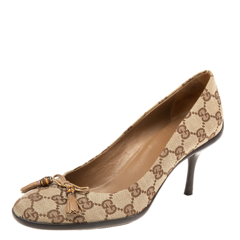 Pre Owned Gucci Brown/Beige GG Canvas  Bow Pumps Size 37.5