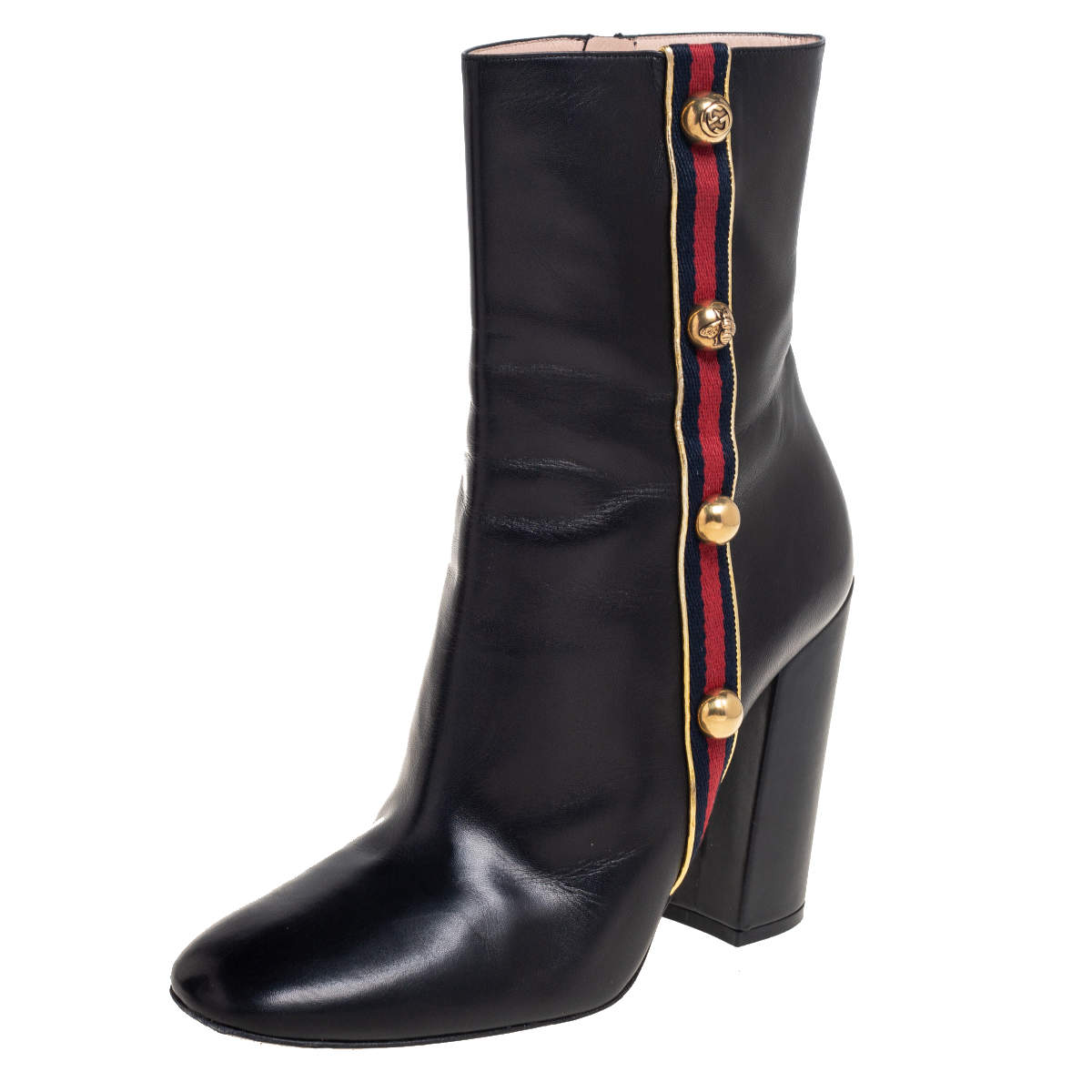 Pre Owned Gucci Black Leather Embellished Web Detail Ankle Length Boots Size 41