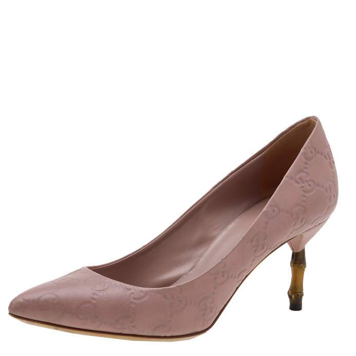 Pre Owned حذاء كعب عالي غوتشي كريستين جلد غوتشيسيما وردي باهت كعب بامبو مقاس 35.5