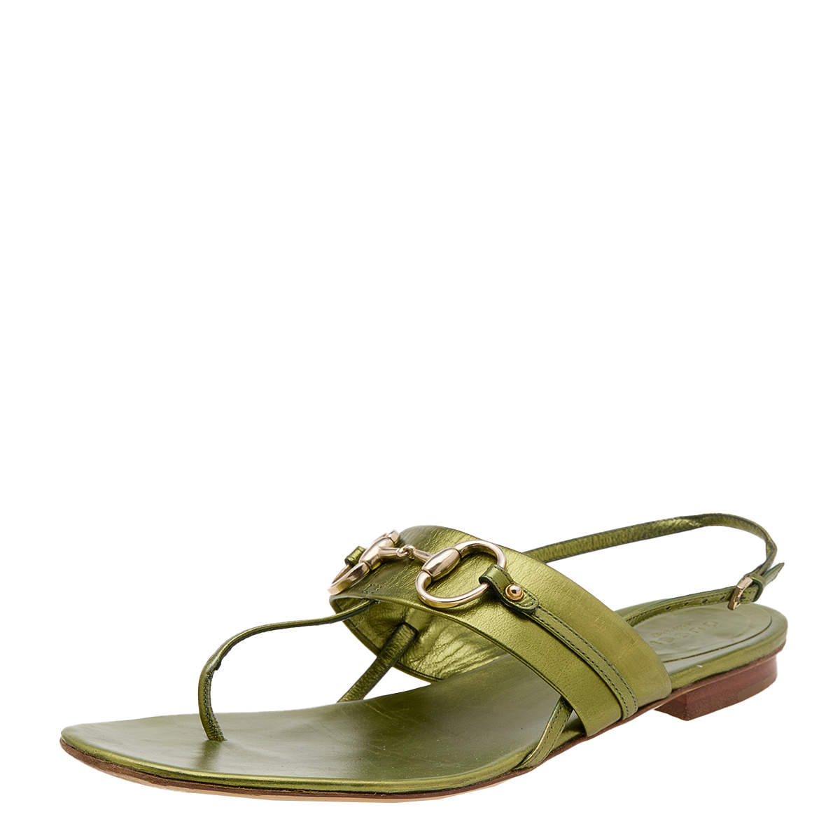 Pre Owned Gucci Green Leather Horsebit Thong Flat Sandals Size 40