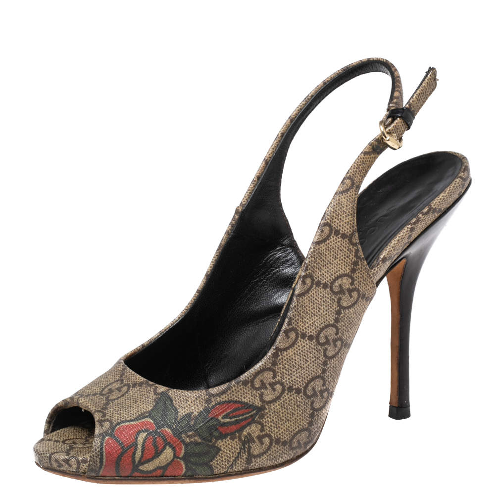 Pre Owned Gucci Beige/Brown GG Supreme Canvas Tattoo Peep-Toe Slingback Pumps Size 36