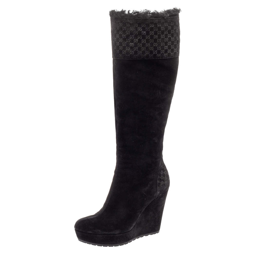 Pre Owned Gucci Black Microguccissima Suede Knee Length Boots Size 37.5