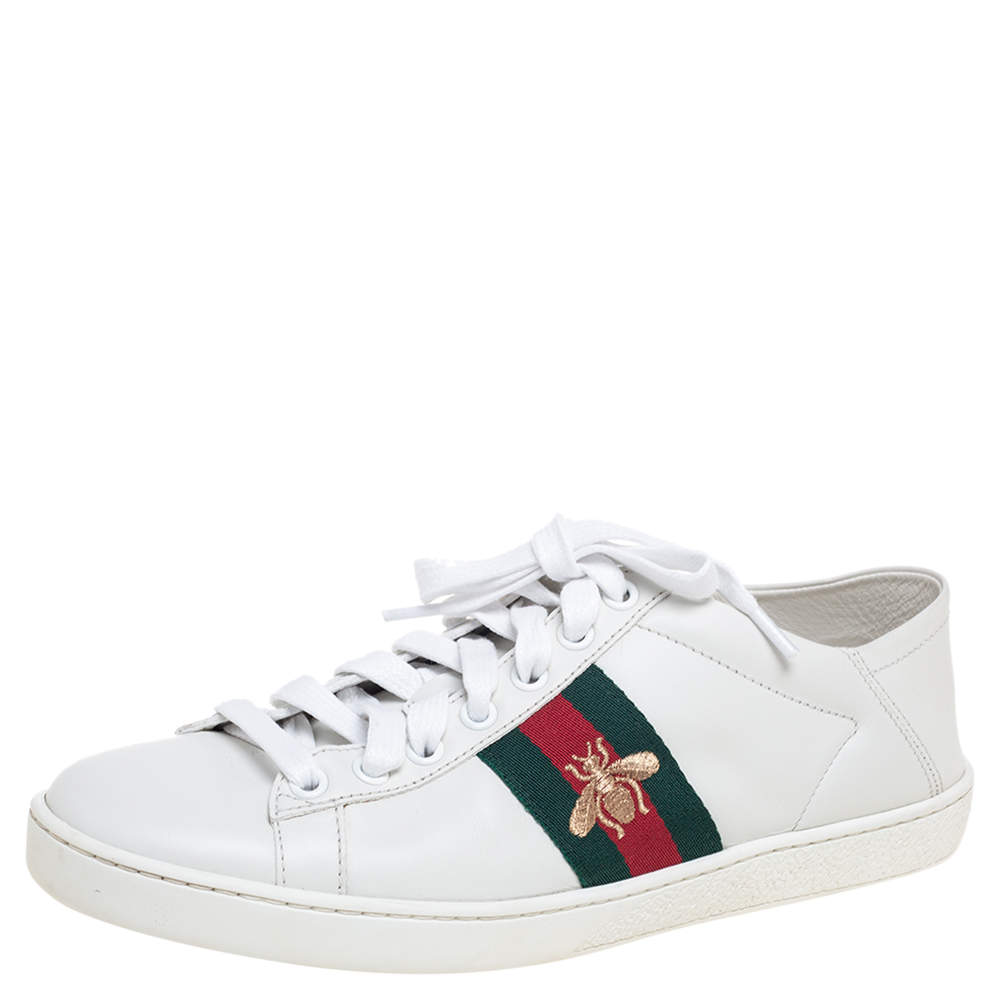 مملوكة مسبقًا Gucci White Leather Bee Web Ace Sneakers Size 37.5
