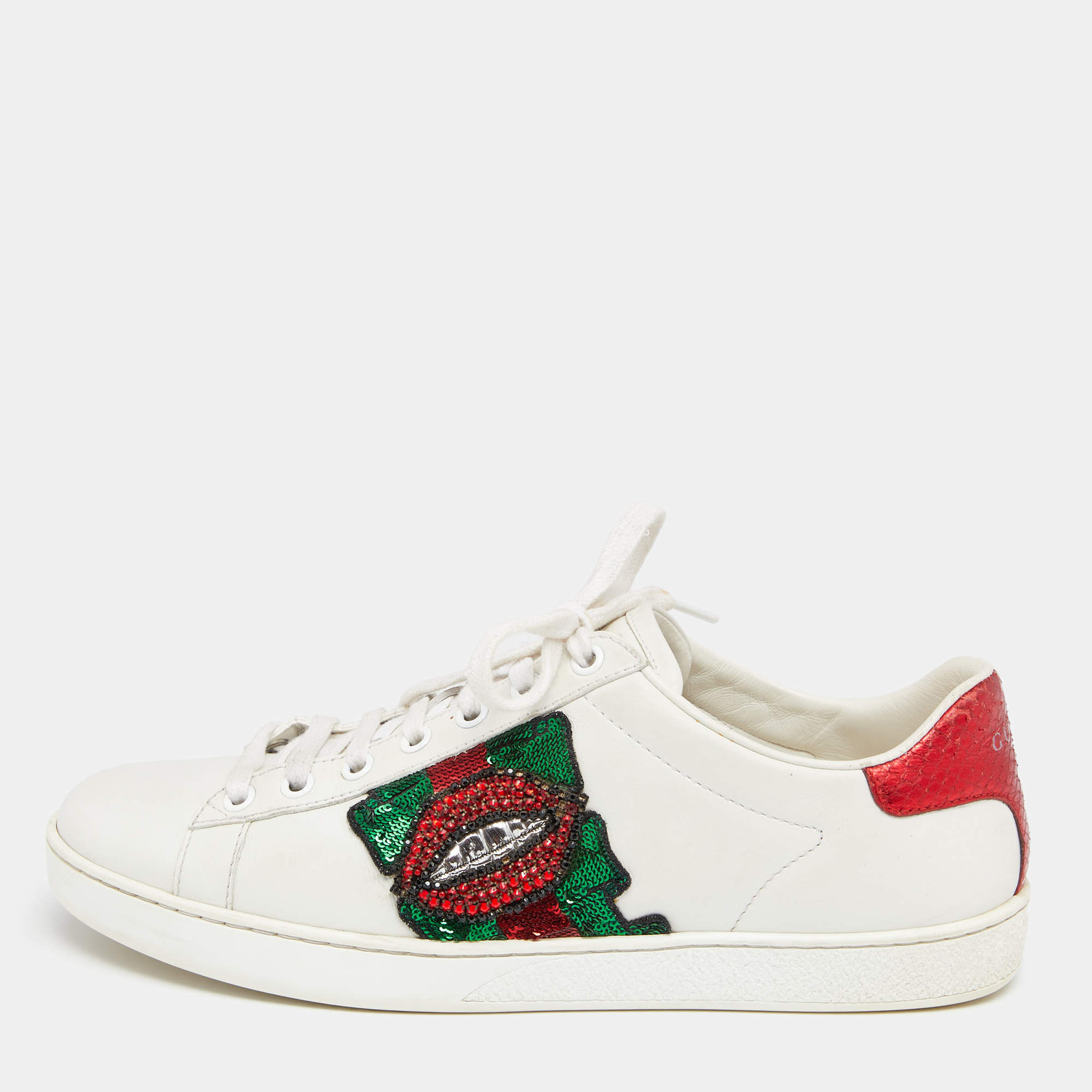 GUCCI Ace Lips low top sneakers leather white python heels 8 US 38 EUR  431919