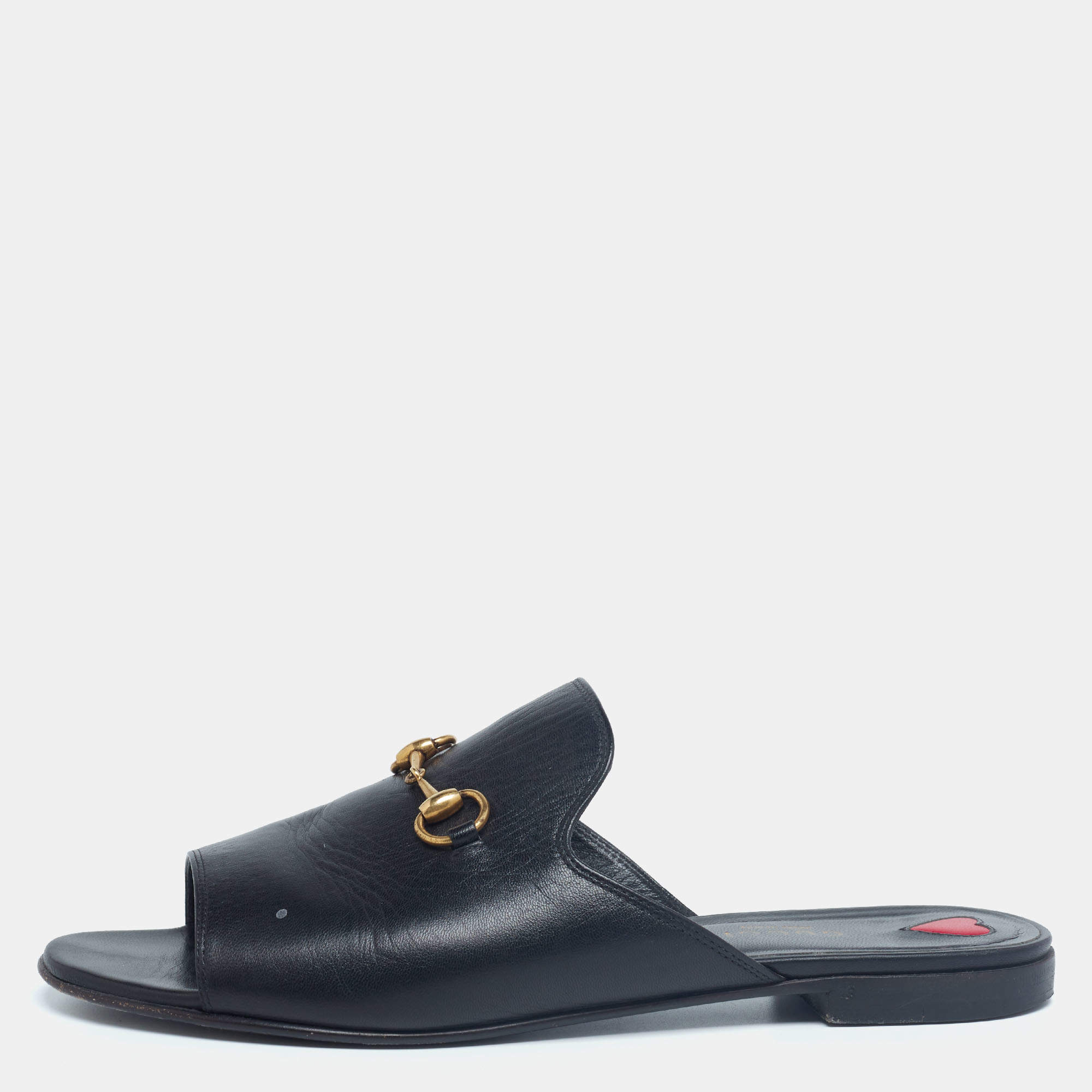 مملوكة مسبقًا Gucci Black Leather Malaga Horsebit Flat Slides Size 39