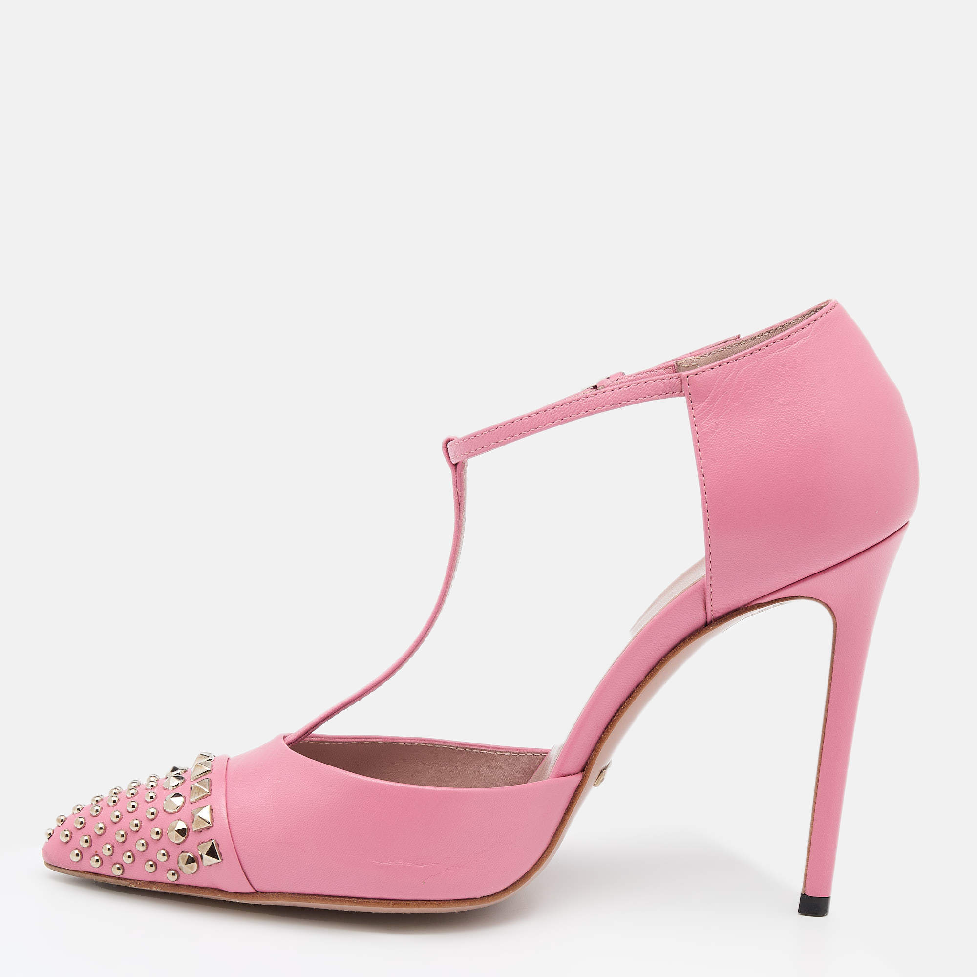 مملوكة مسبقًا Gucci Pink Leather Malaga Studded T Strap Pumps Size 38.5