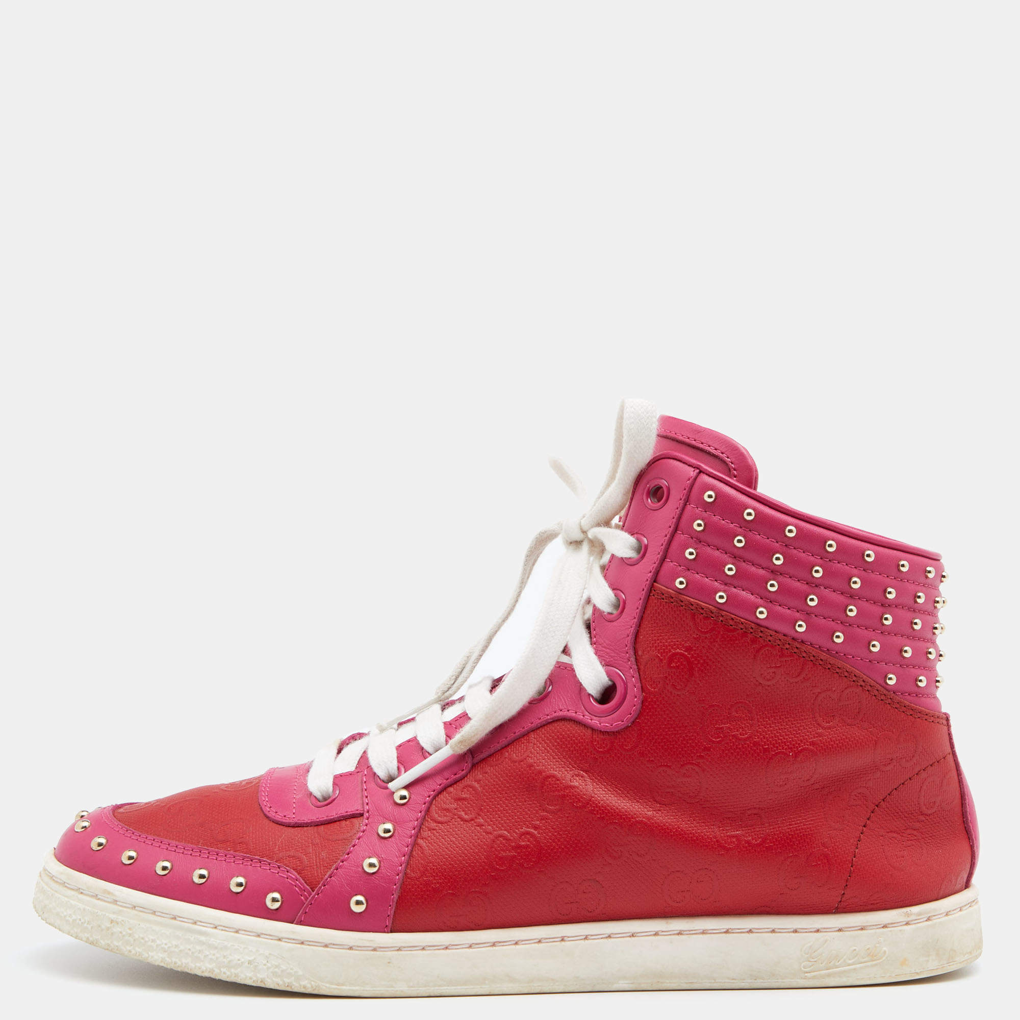 مملوكة مسبقًا Gucci Two Tone Studded Guccissima Leather Dapper Dan High Top Sneakers Size 39.5