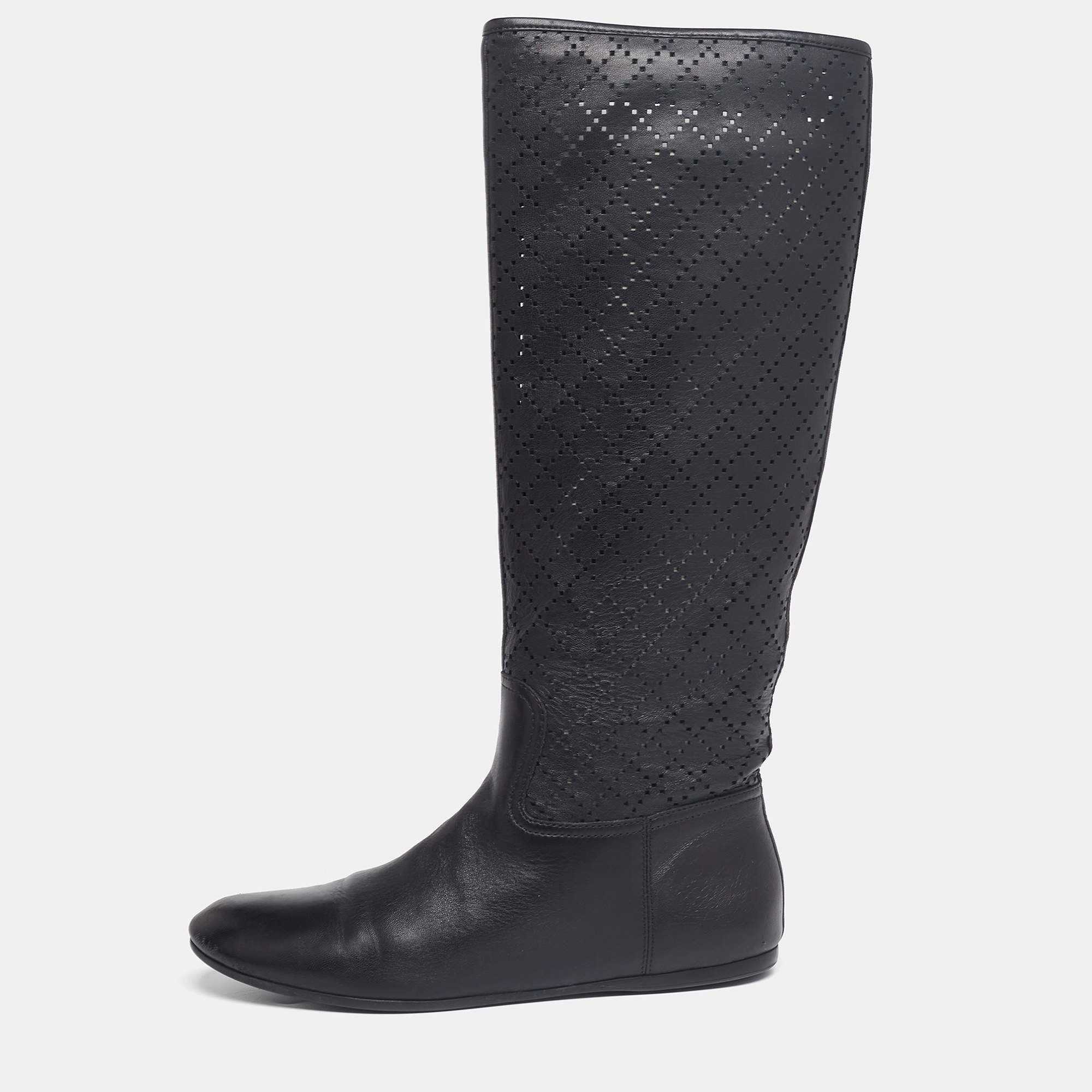 Pre Owned Gucci Black Leather Knee Length Boots Size 38.5