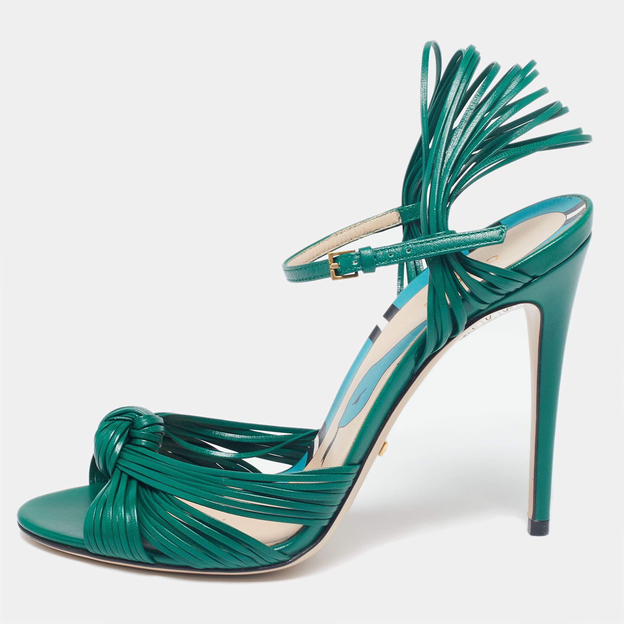 Pre Owned Gucci Green Leather Strappy Allie Knot Sandals Size 38