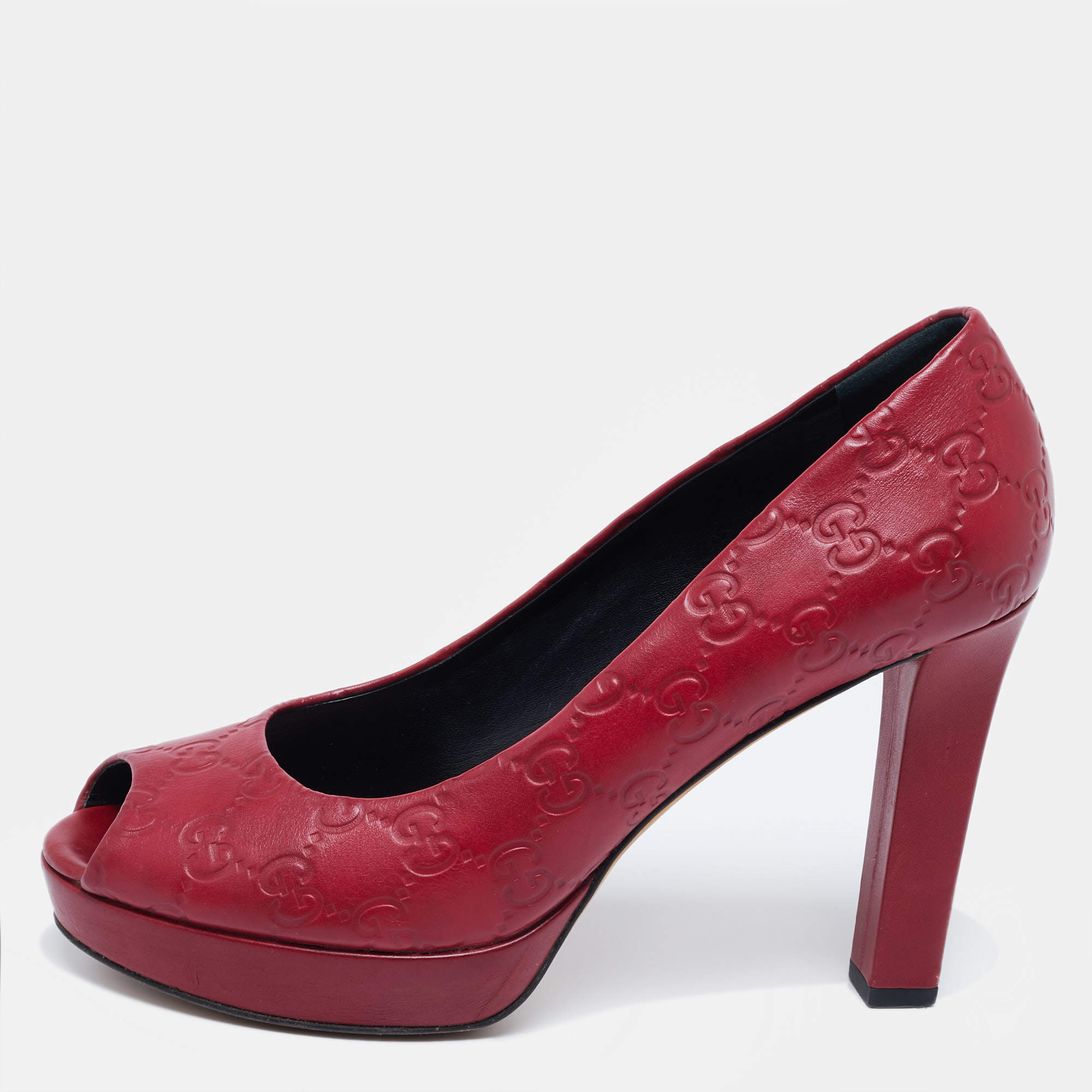Pre Owned Gucci Burgundy Guccissima Leather Peep Toe Platform Pumps Size 39.5