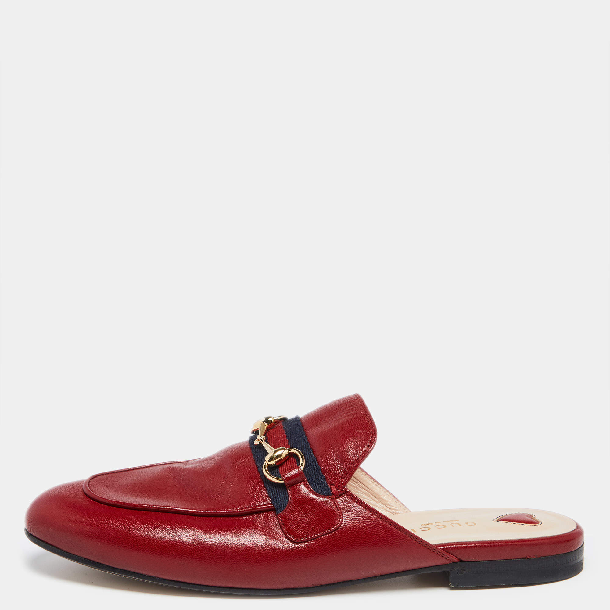 Pre Owned Gucci  Red Leather Horsebit Web Princetown Mules Size 38