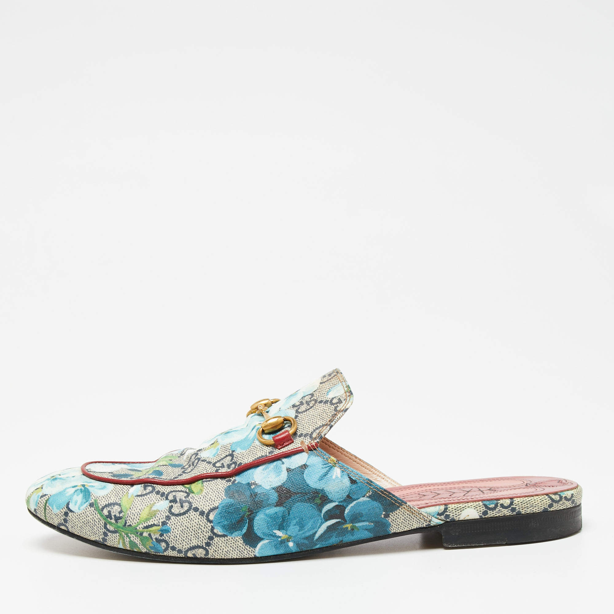 Pre Owned Gucci Blue/Beige GG Supreme Bloom Canvas Horsebit Princetown Flat Mules Size 39.5