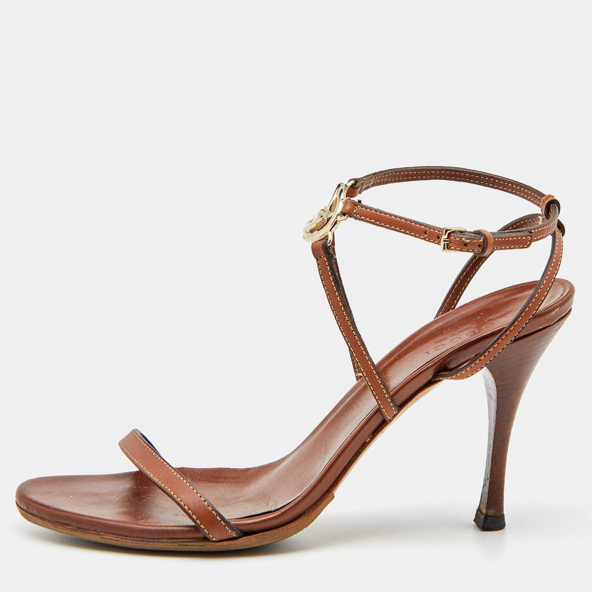 Gucci Brown Leather Interlocking G  Ankle Strap Sandals Size 38