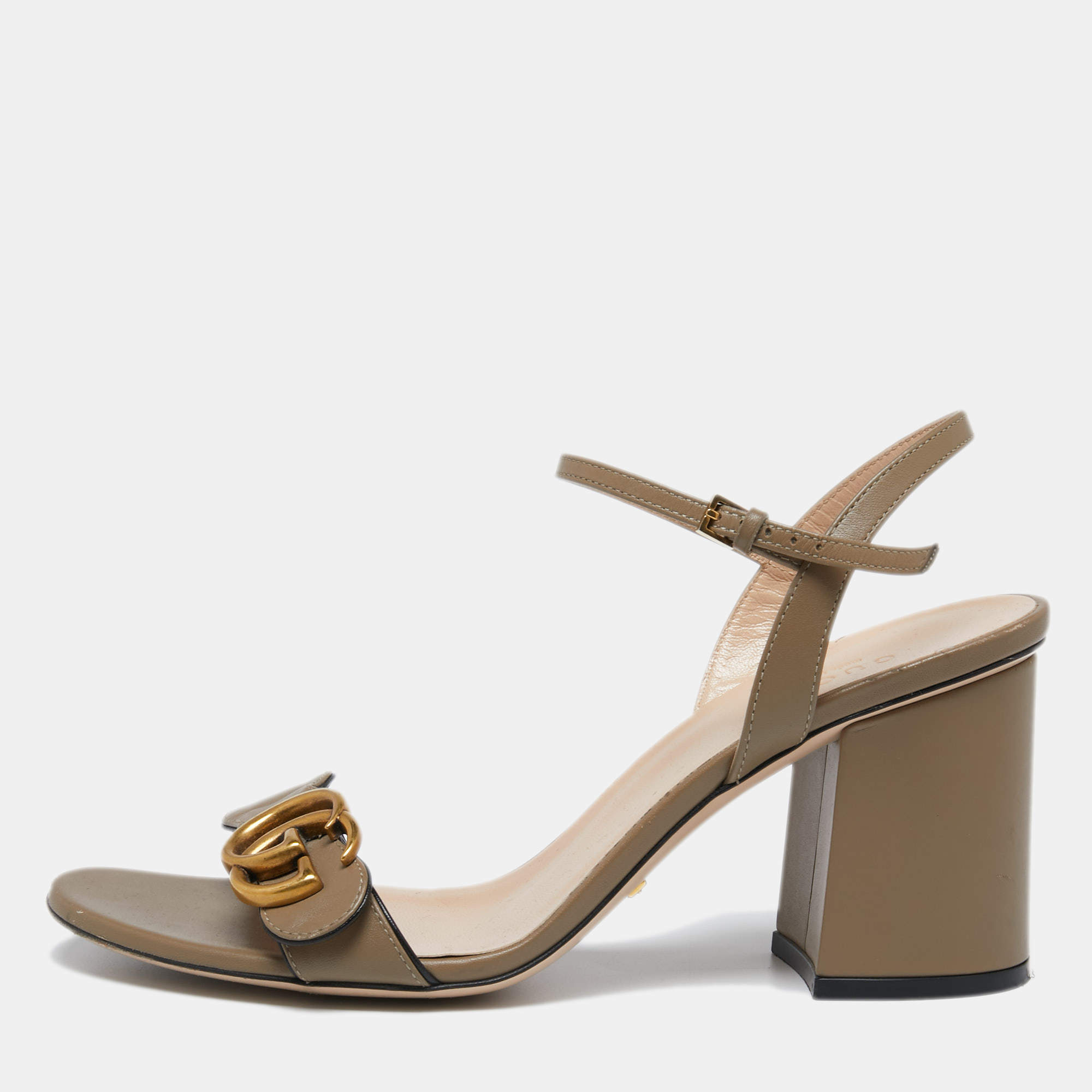 مملوكة مسبقًا Gucci Taupe Leather GG Marmont Ankle-Strap Sandals Size 38