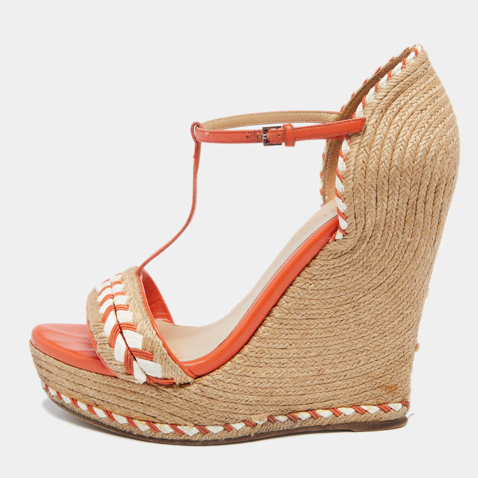 Pre Owned Gucci Orange/Brown Leather And Raffia Woven Tiffany Espadrille Wedge Sandals Size 38.5