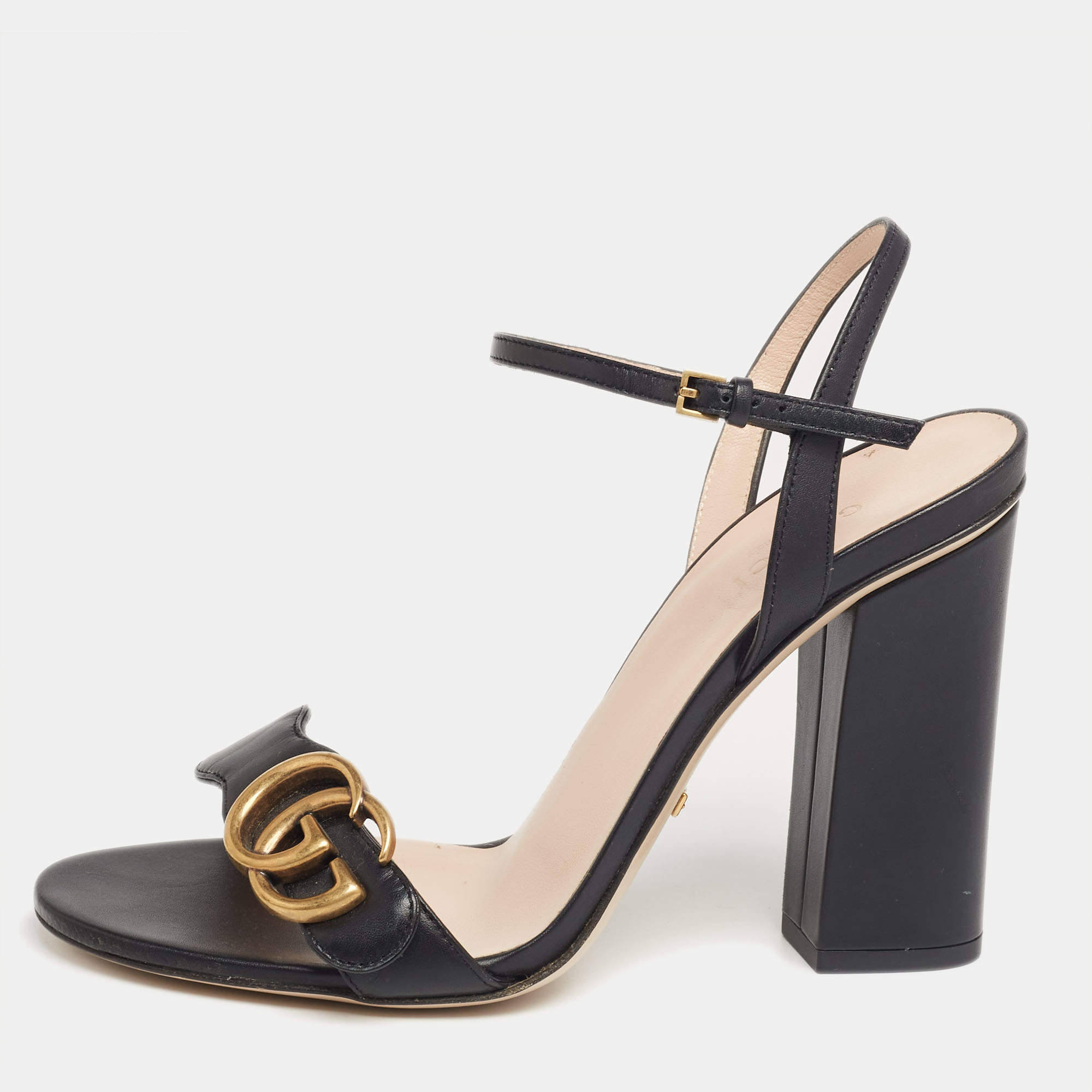Pre Owned Gucci Black Leather GG Marmont Ankle-Strap Sandals Size 37