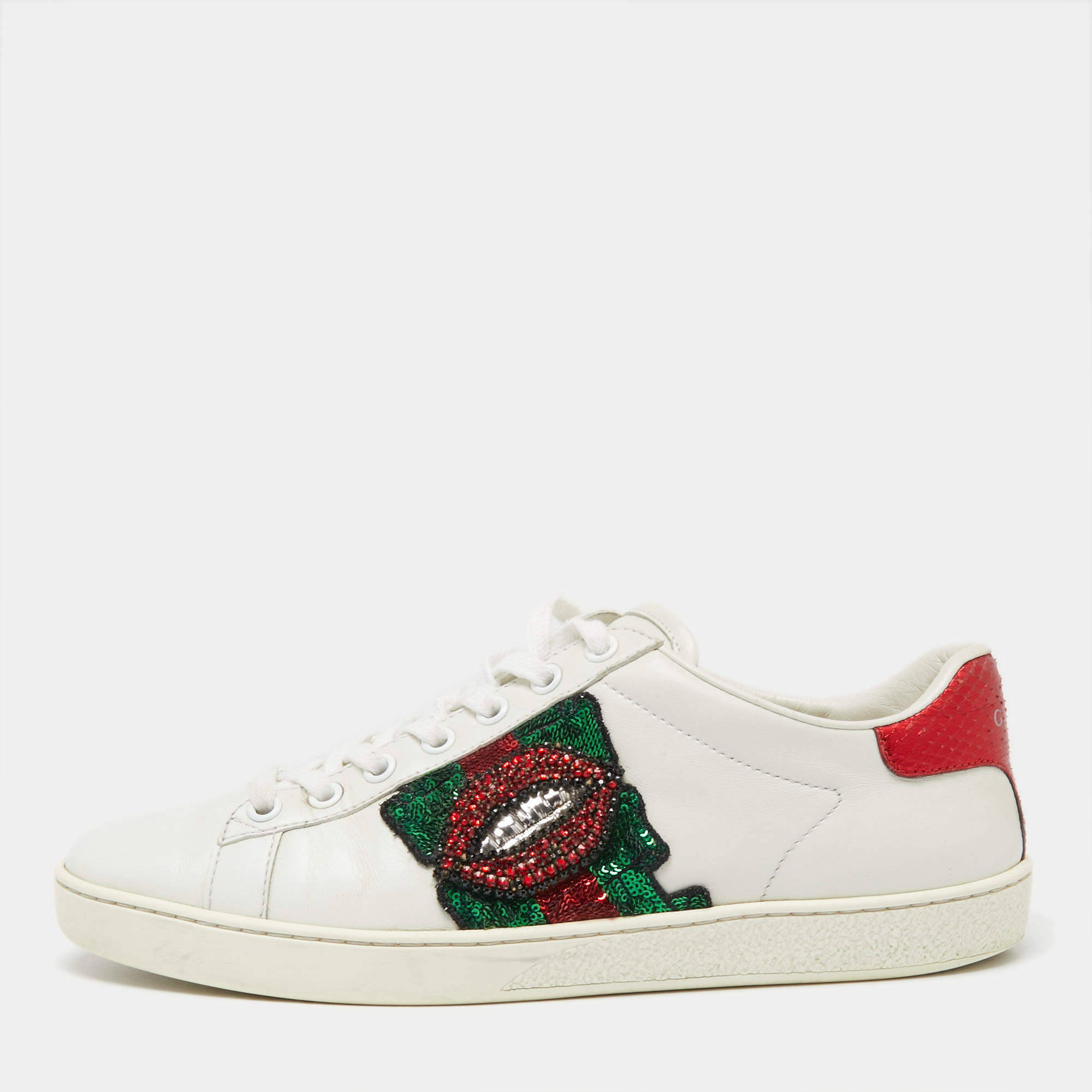 Gucci White Leather And Python Embossed Leather  Sequins Ace  Sneakers Size 38