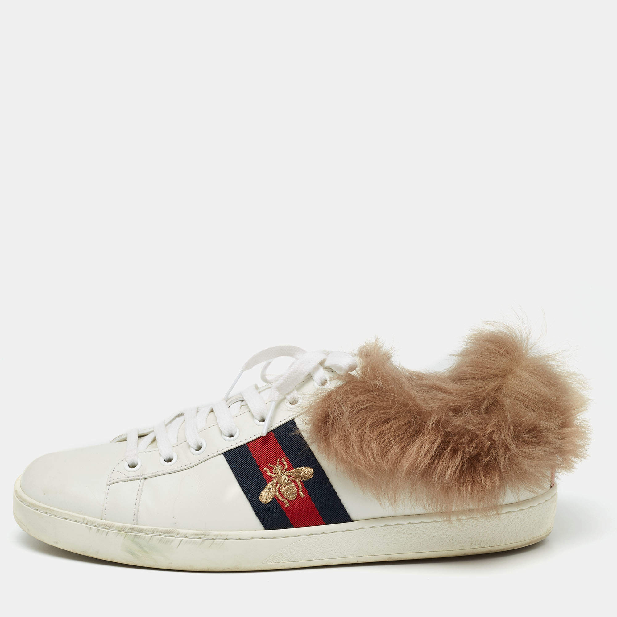 Gucci White Leather and Fur Ace Embroidered Bee Low Top Sneakers Size 40.5