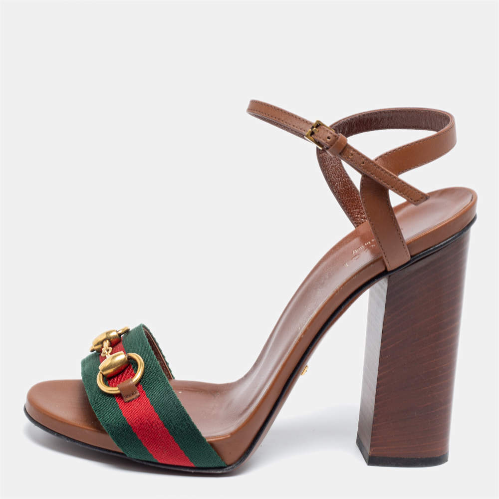 Pre Owned Gucci Brown Leather Web Horsebit Ankle-Strap Sandals Size 38