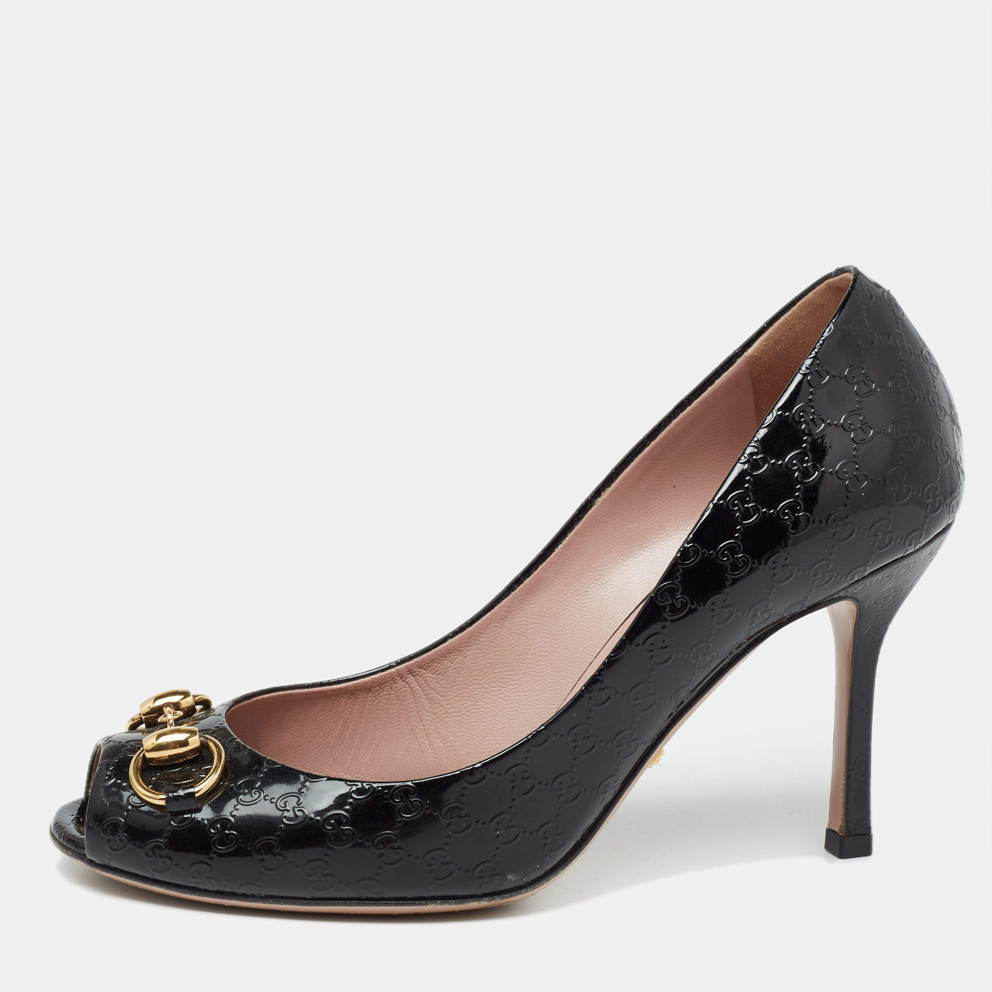 مملوكة مسبقًا حذاء كعب عالي غوتشي هورسبيت جلد لامع غوتشيسيما أسود مقدمة مفتوحة مقاس 37