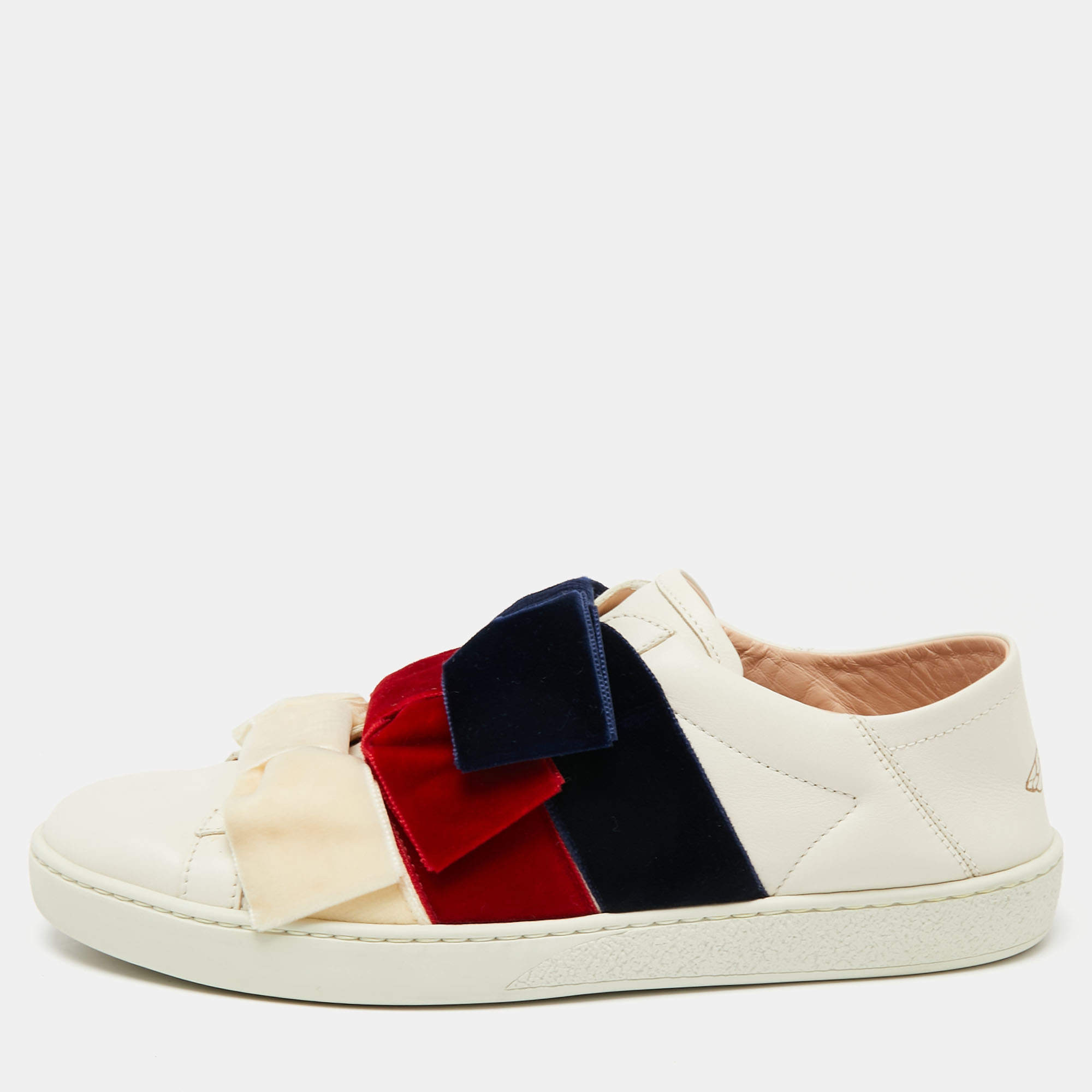 Pre Owned Gucci Cream Leather And Velvet Bow Ace Slip On Sneakers Size 37.5