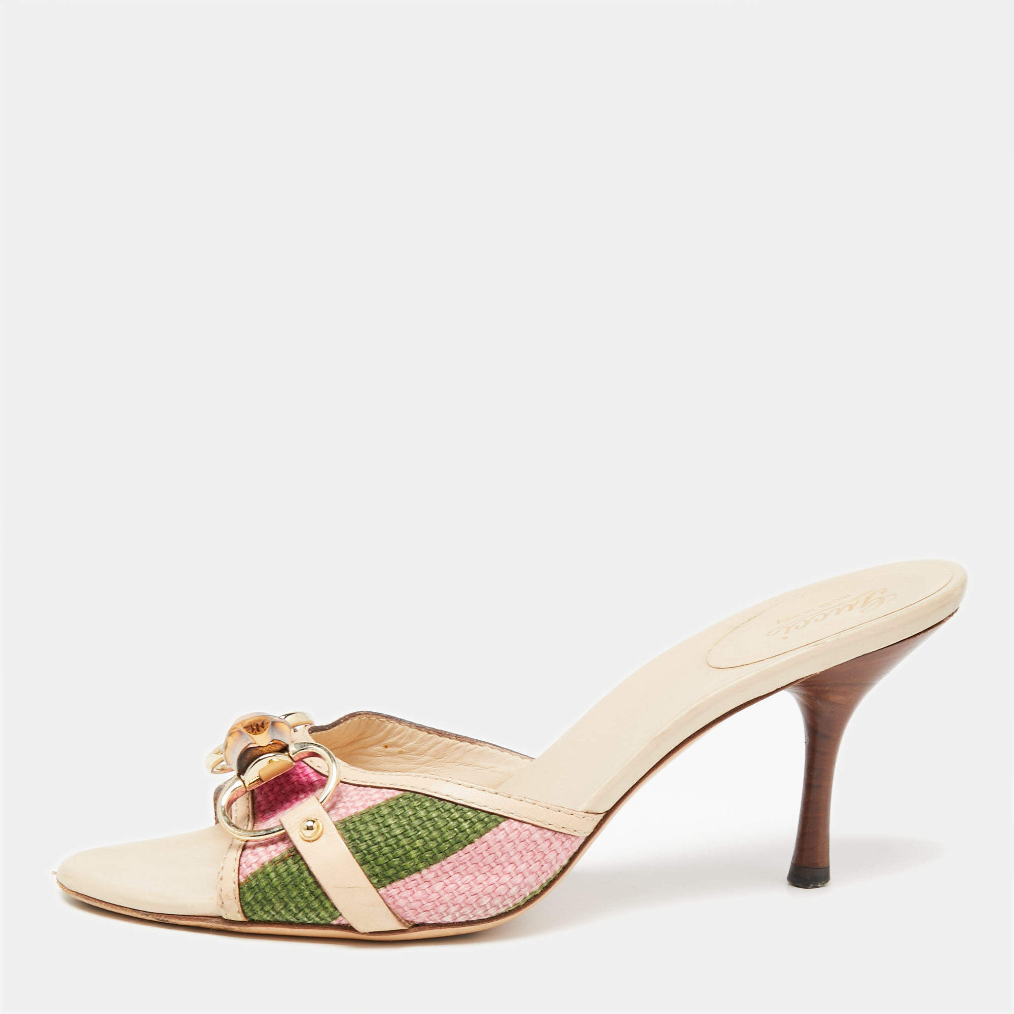 Pre Owned صندل سلايدغوتشي بامبو هورسبيت جلد وكانفاس متعدد الألوان مقاس 37