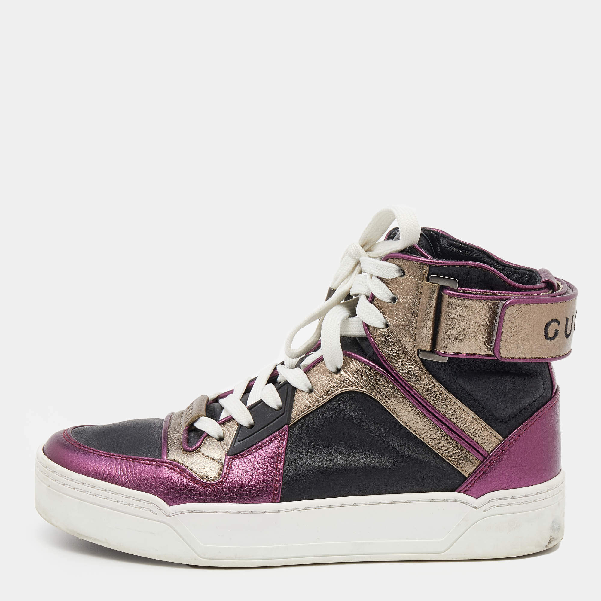 Gucci Metallic Tri Color Leather New Basketball High Top Sneakers Size 35