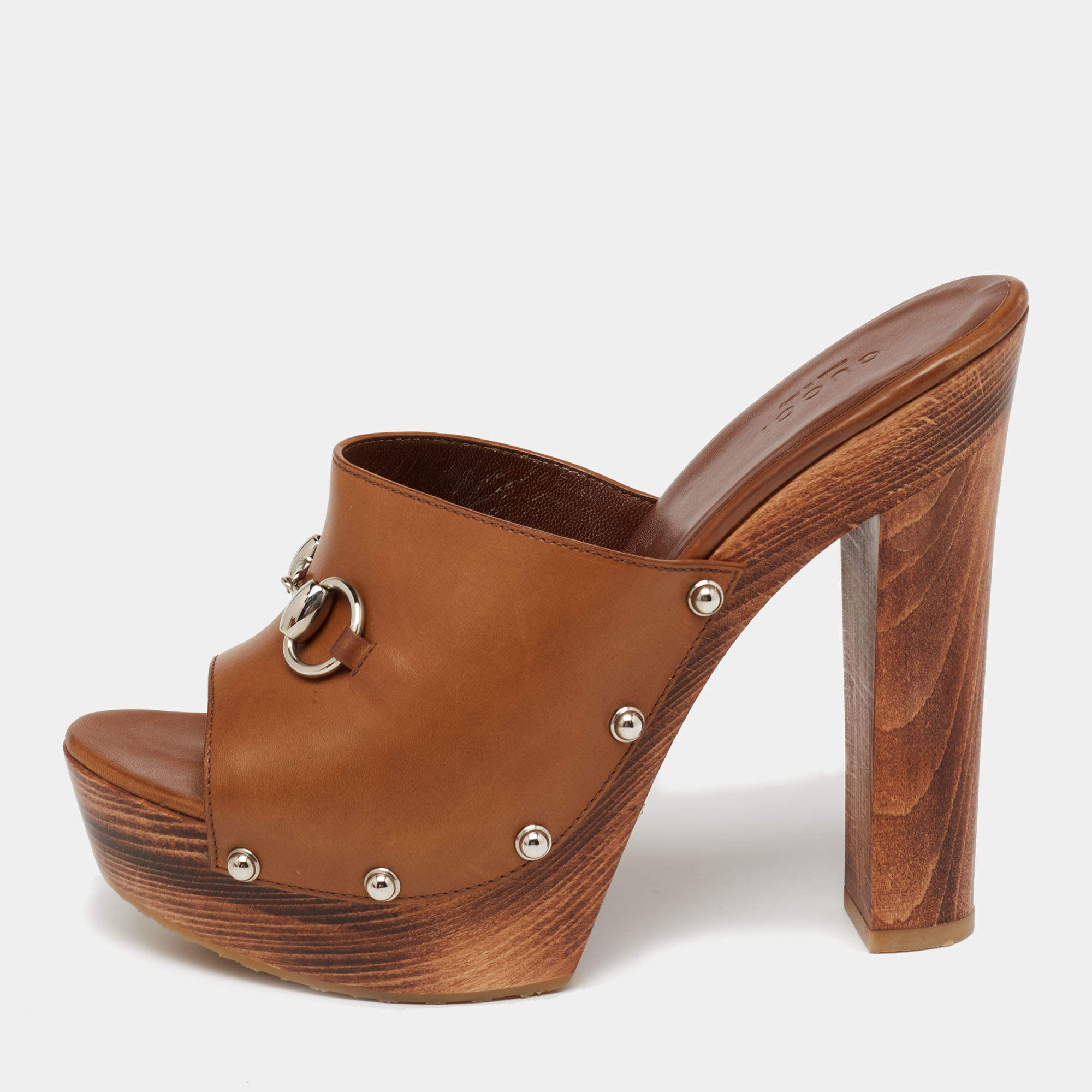 مملوكة مسبقًا حذاء كلوغ غوتشي جلد بني خشبي مقدمة مفتوحة هورسبيت مقاس 39