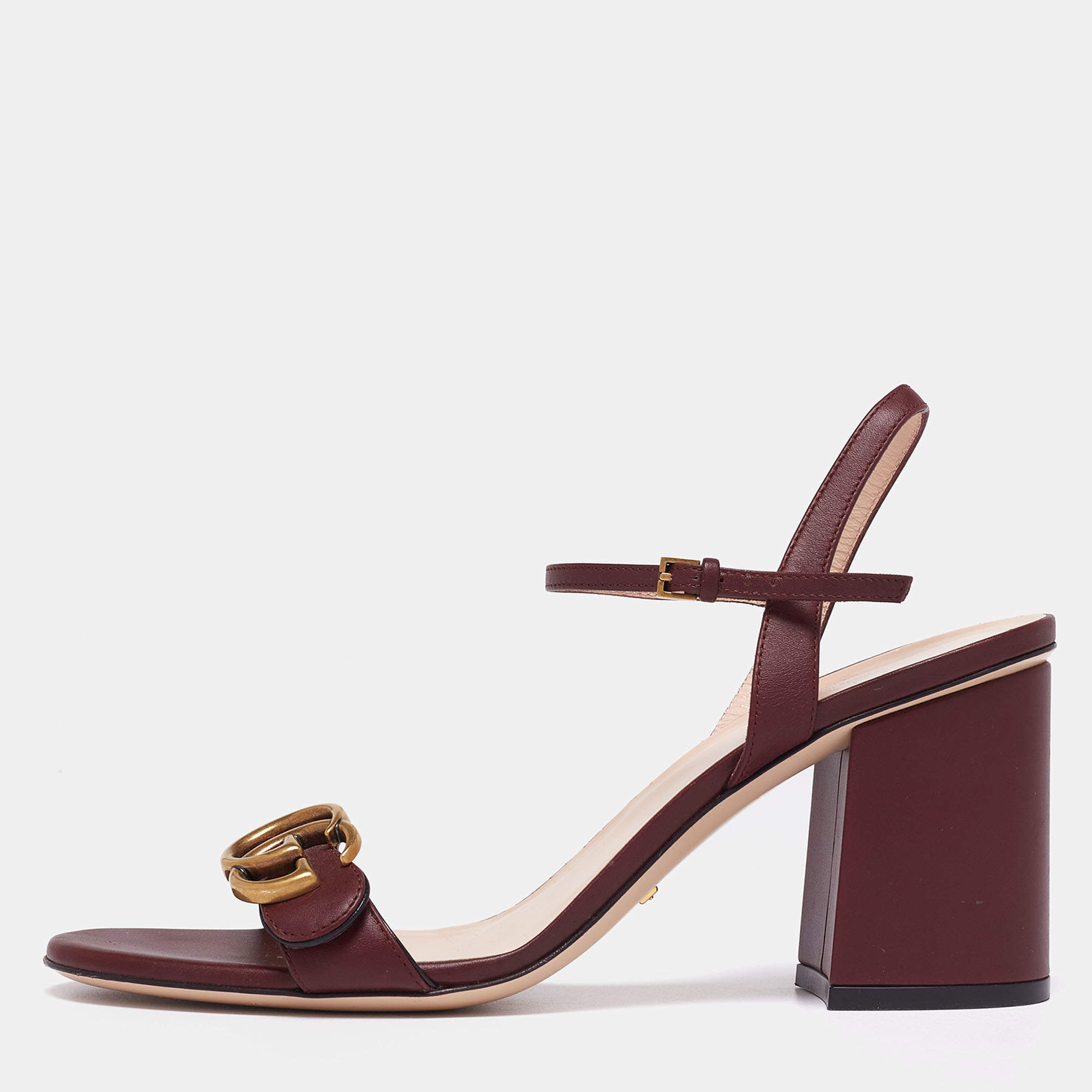 Gucci Burgundy Leather GG Marmont Ankle Strap Sandals Size 39