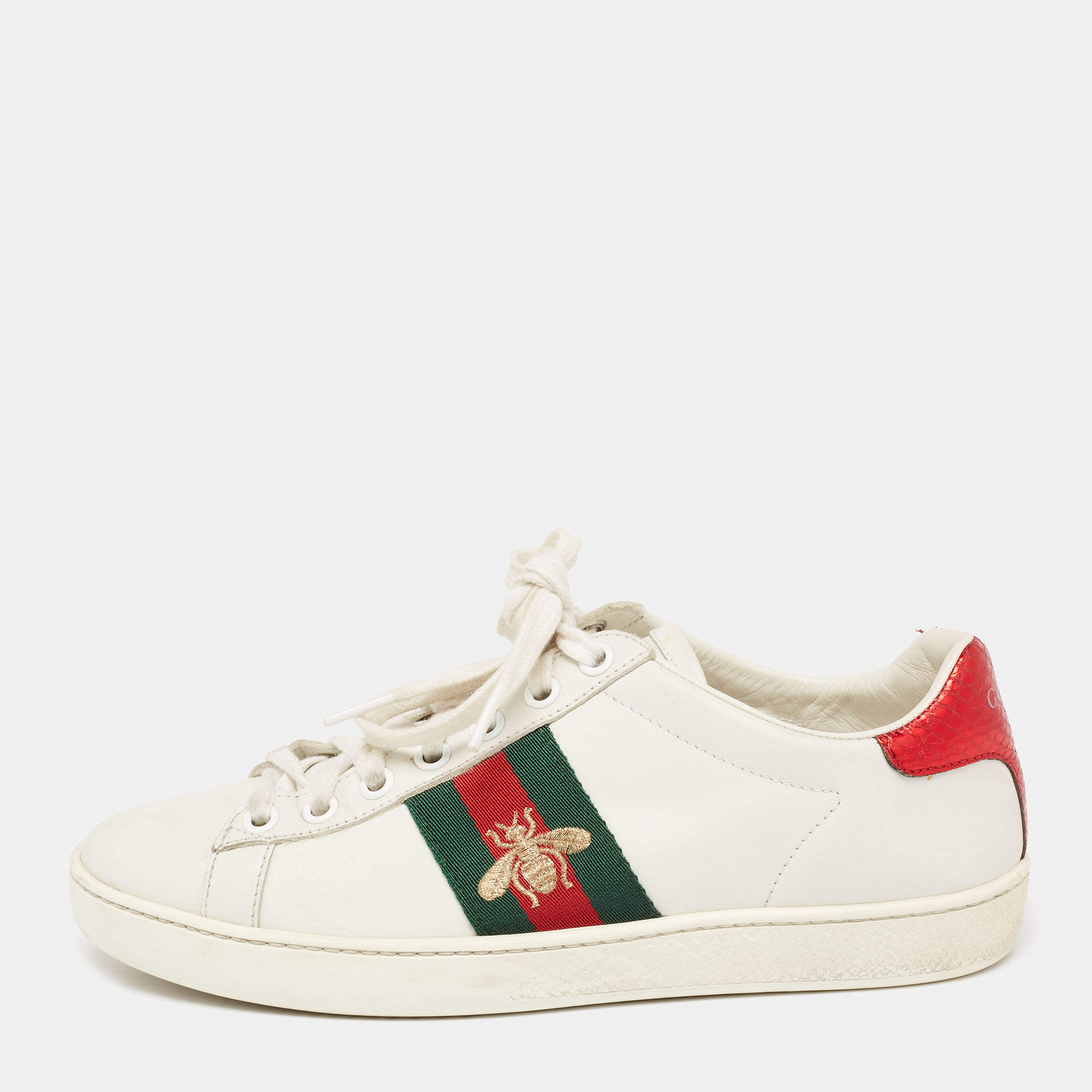 Pre Owned حذاء رياضي غوتشي إيس جلد نقشة الثعبان وجلد أبيض مقاس 35