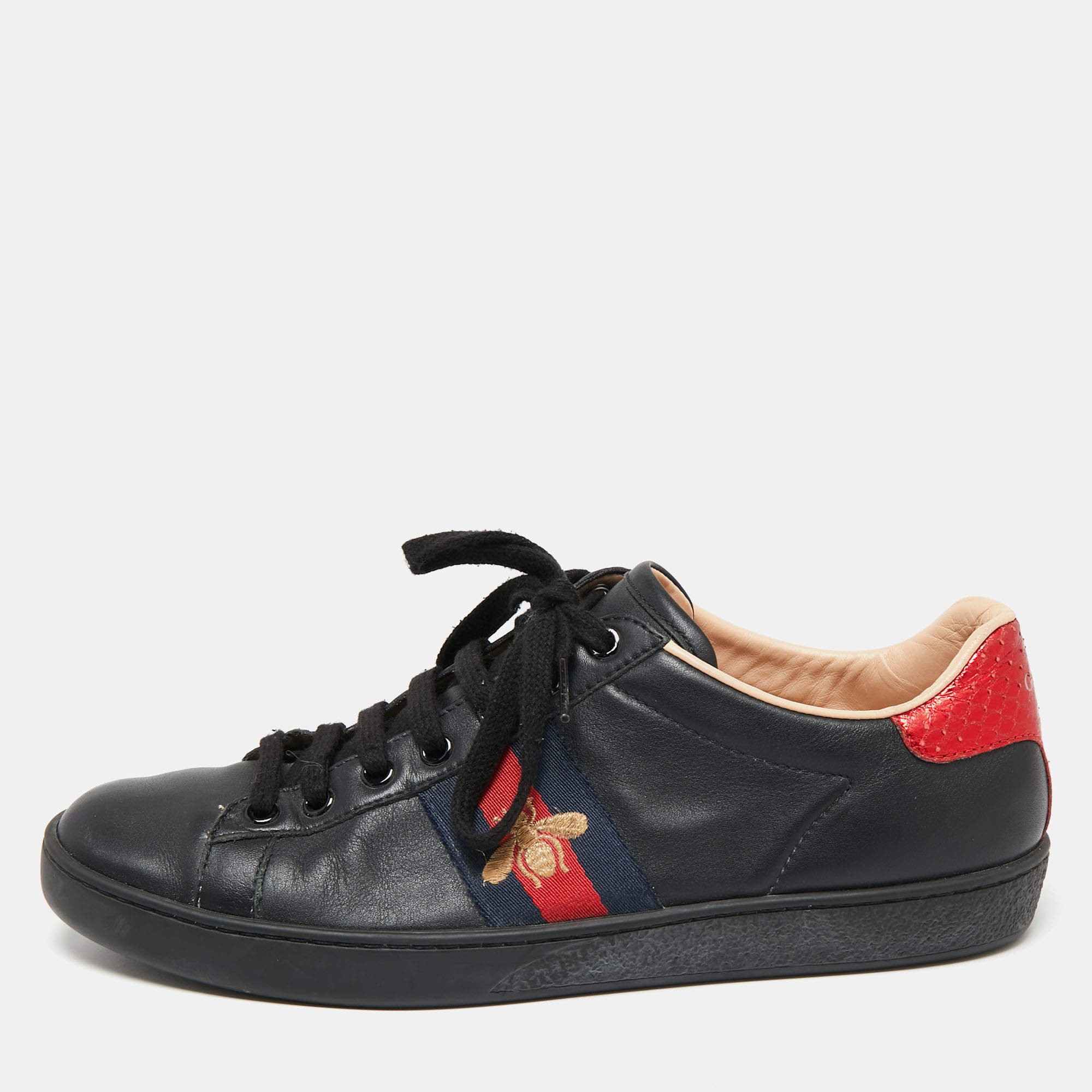 Gucci Black Leather And Python Embossed Leather  Web Ace  Sneakers  Size 39