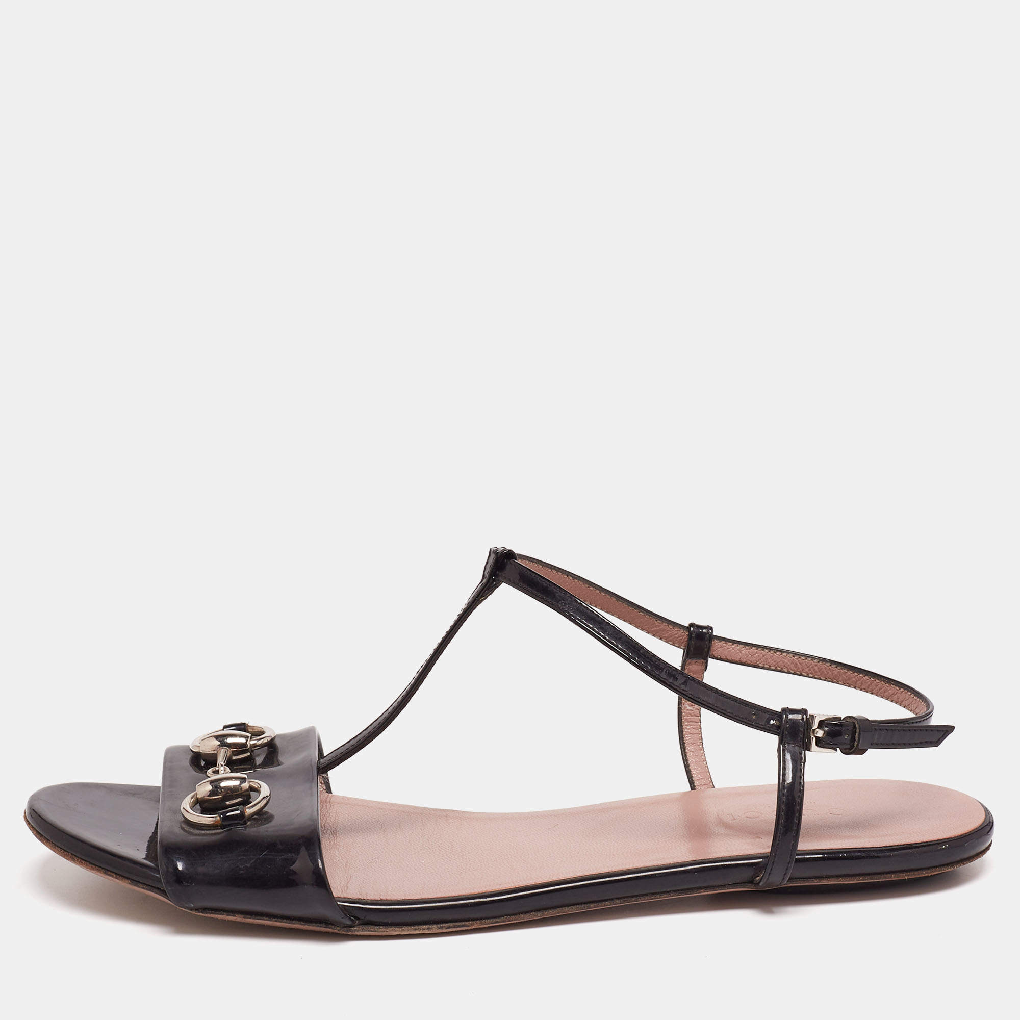 Gucci Black Patent Leather Horsebit T-Strap Flat Sandals Size 37.5