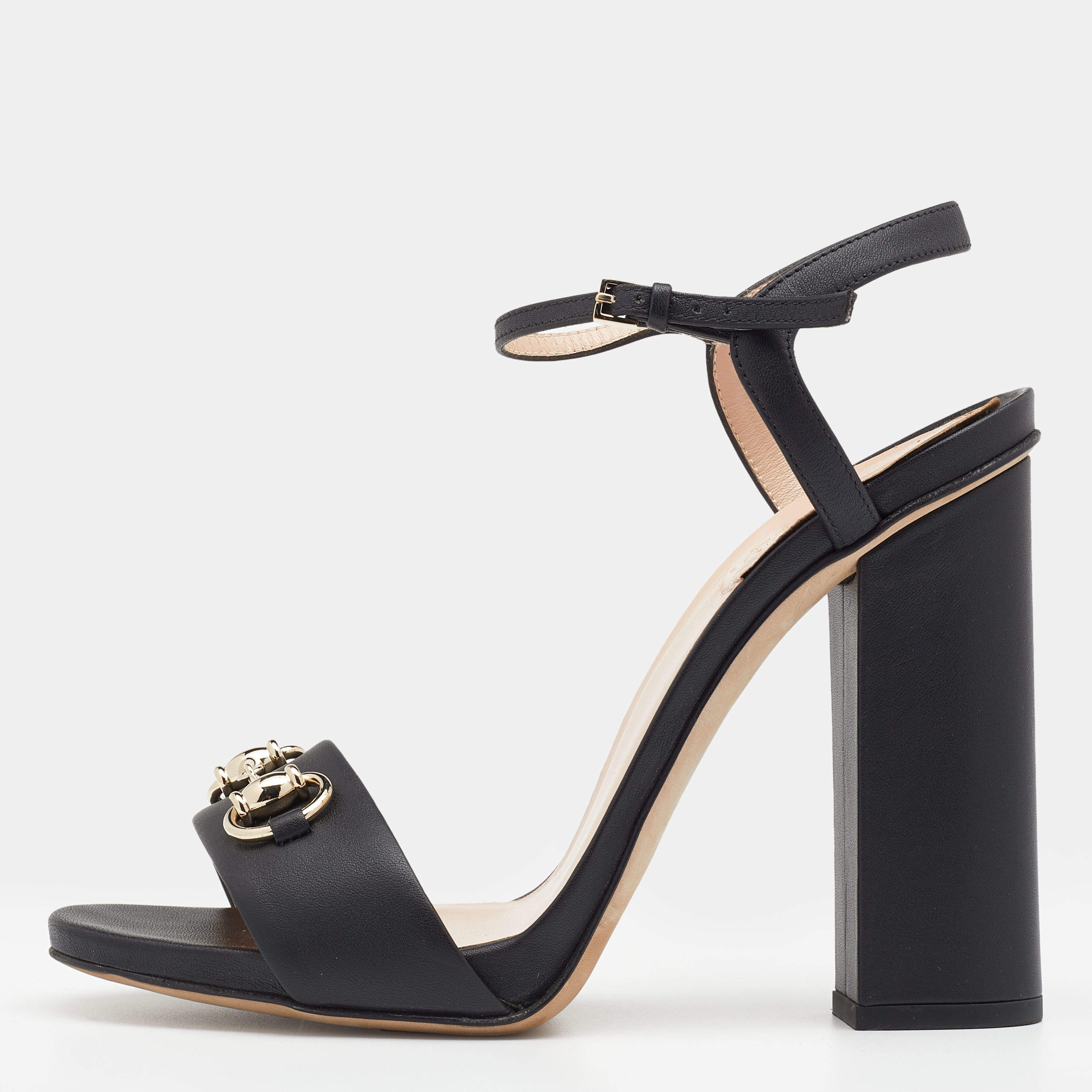 Pre Owned Gucci Black Leather Horsebit Ankle Strap Block Heel Sandals Size 38.5