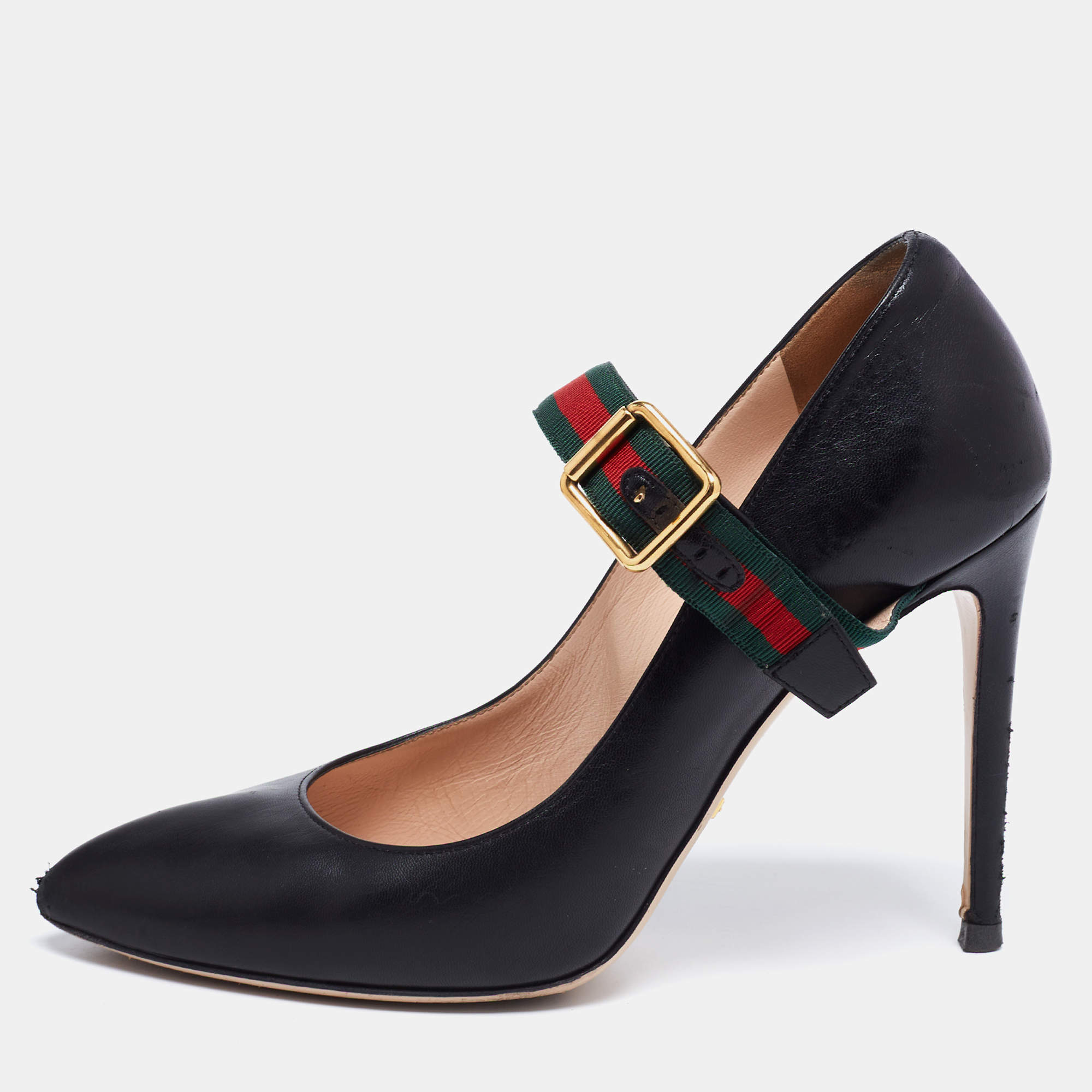 Pre Owned Gucci Black Leather Sylvie Buckle Detail Pumps Size 38