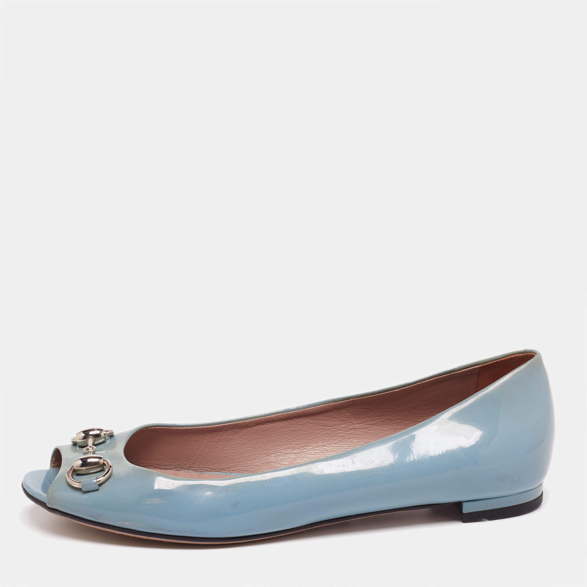 Gucci Grey Patent Leather Horsebit Peep Toe Ballet Flats Size 36.5