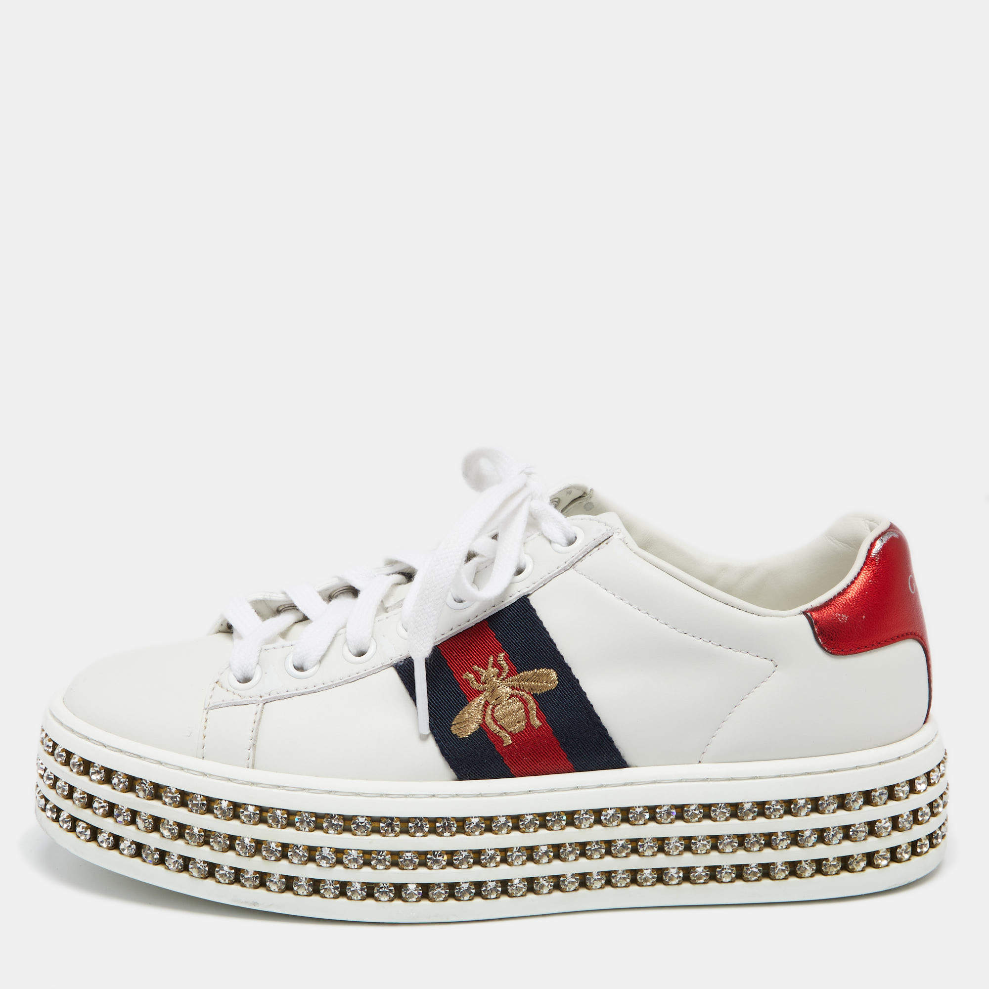 Pre Owned Gucci White Leather Crystal Studded Ace Lace Up Sneakers Size 35