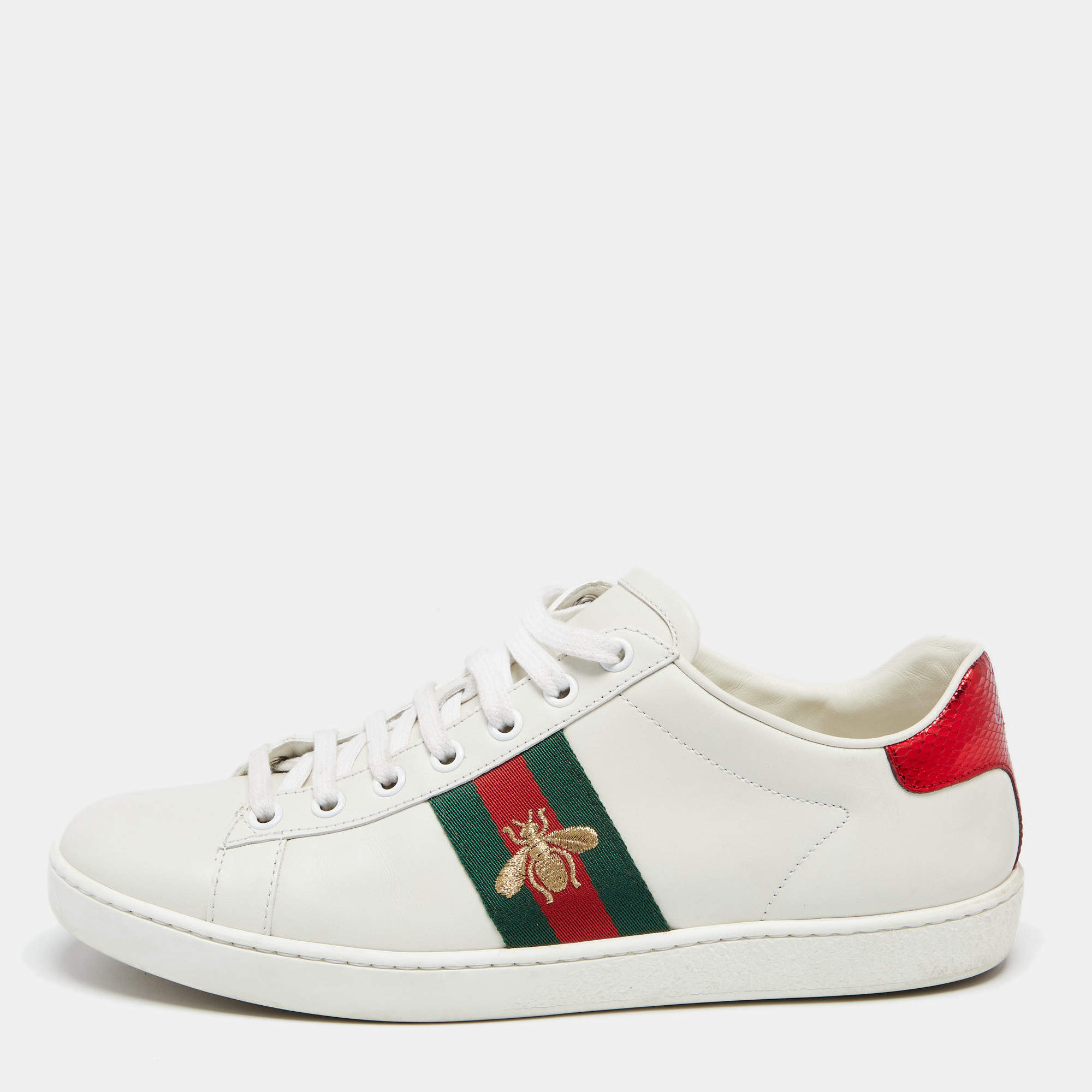مملوكة مسبقًا Gucci White Leather And Python Embossed Web Ace Sneakers Size 38