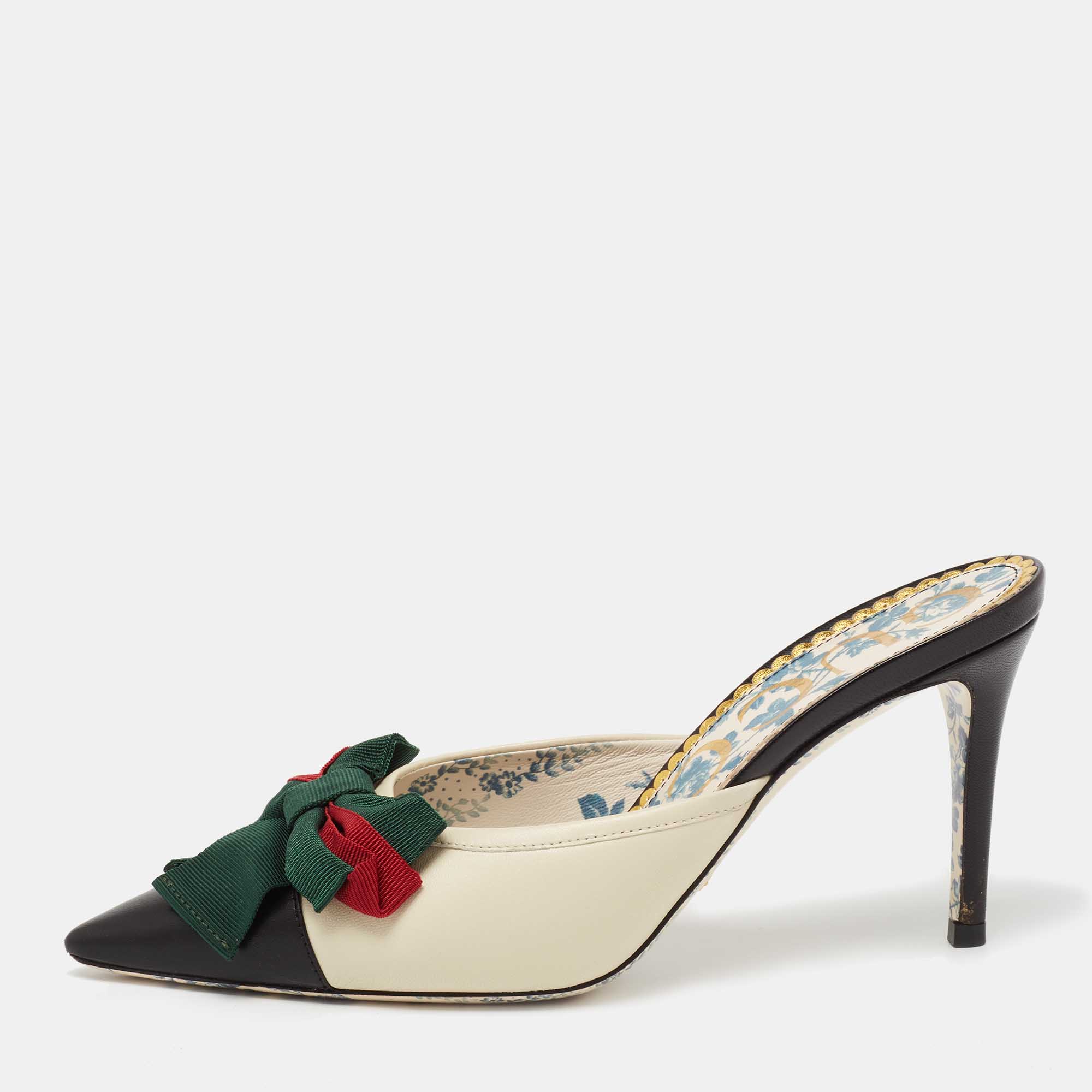 Pre Owned حذاء مولز غوتشي سلاي جان جلد أسود/ كريمي مزين فيونكة شريط ويب مقاس 36