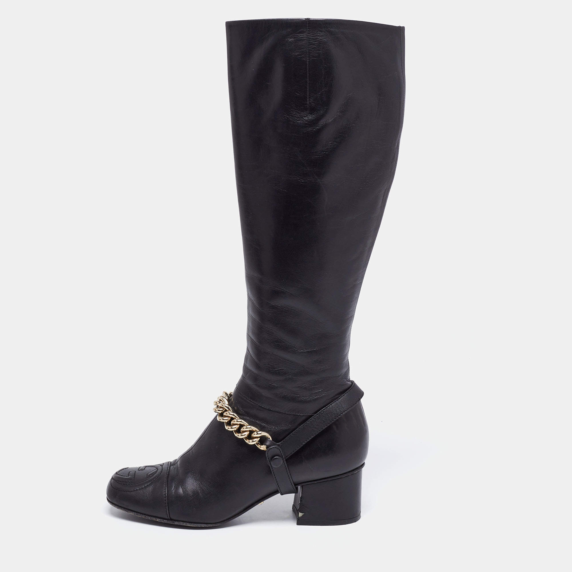 Pre Owned Gucci Black Leather Interlocking G Stitch Detail Calf Boots Size 35.5