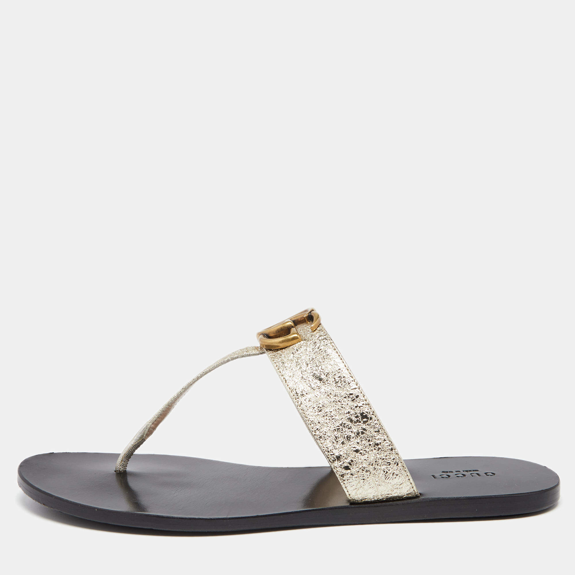 Pre Owned Gucci Metallic Gold Leather GG Marmont Thong Flats Size 38