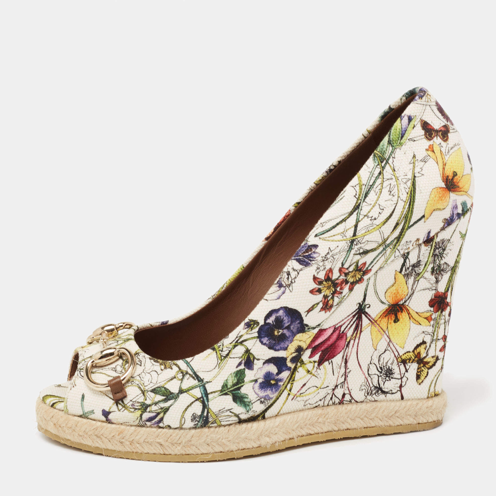 Gucci Multicolor Floral Print Canvas Horsebit Peep Toe Wedge Pumps Size 40