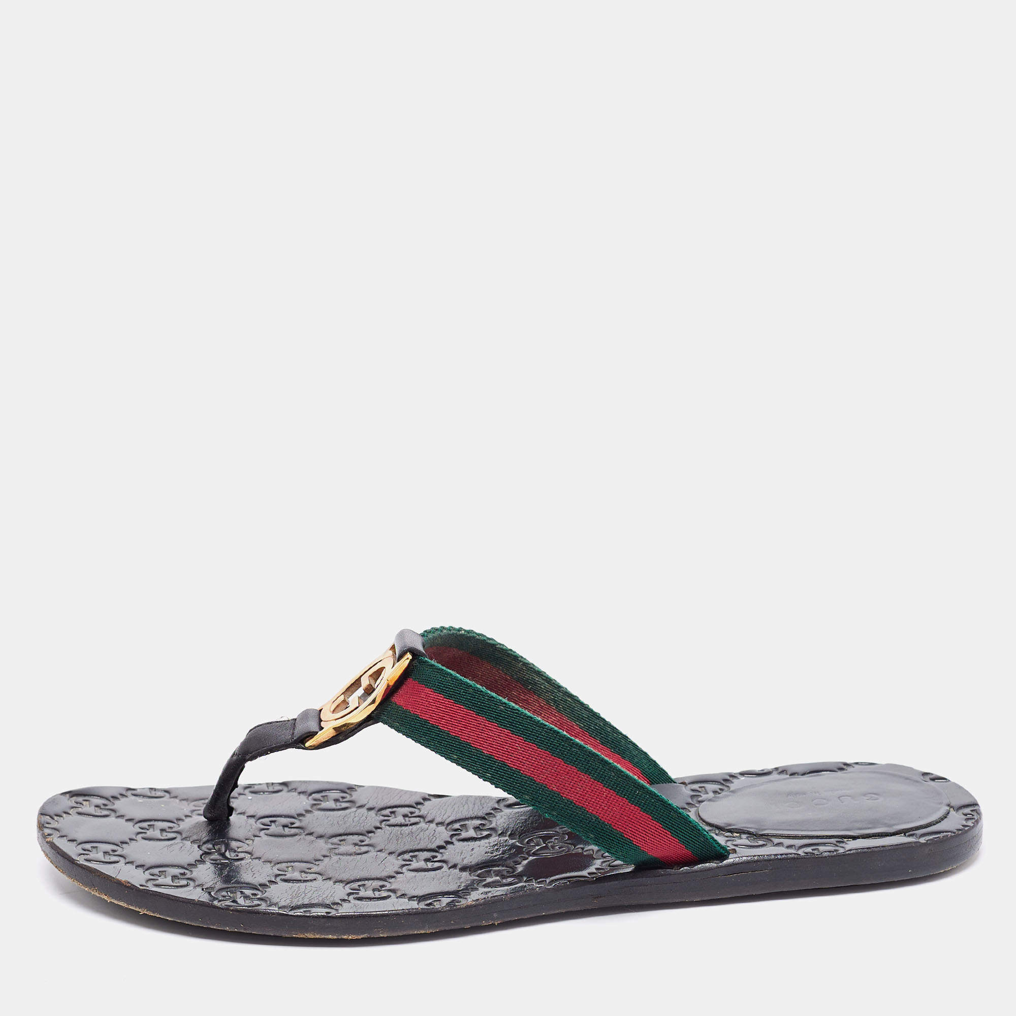 مملوكة مسبقًا Gucci Black Leather And Web Interlocking G Thong Flats Size 37