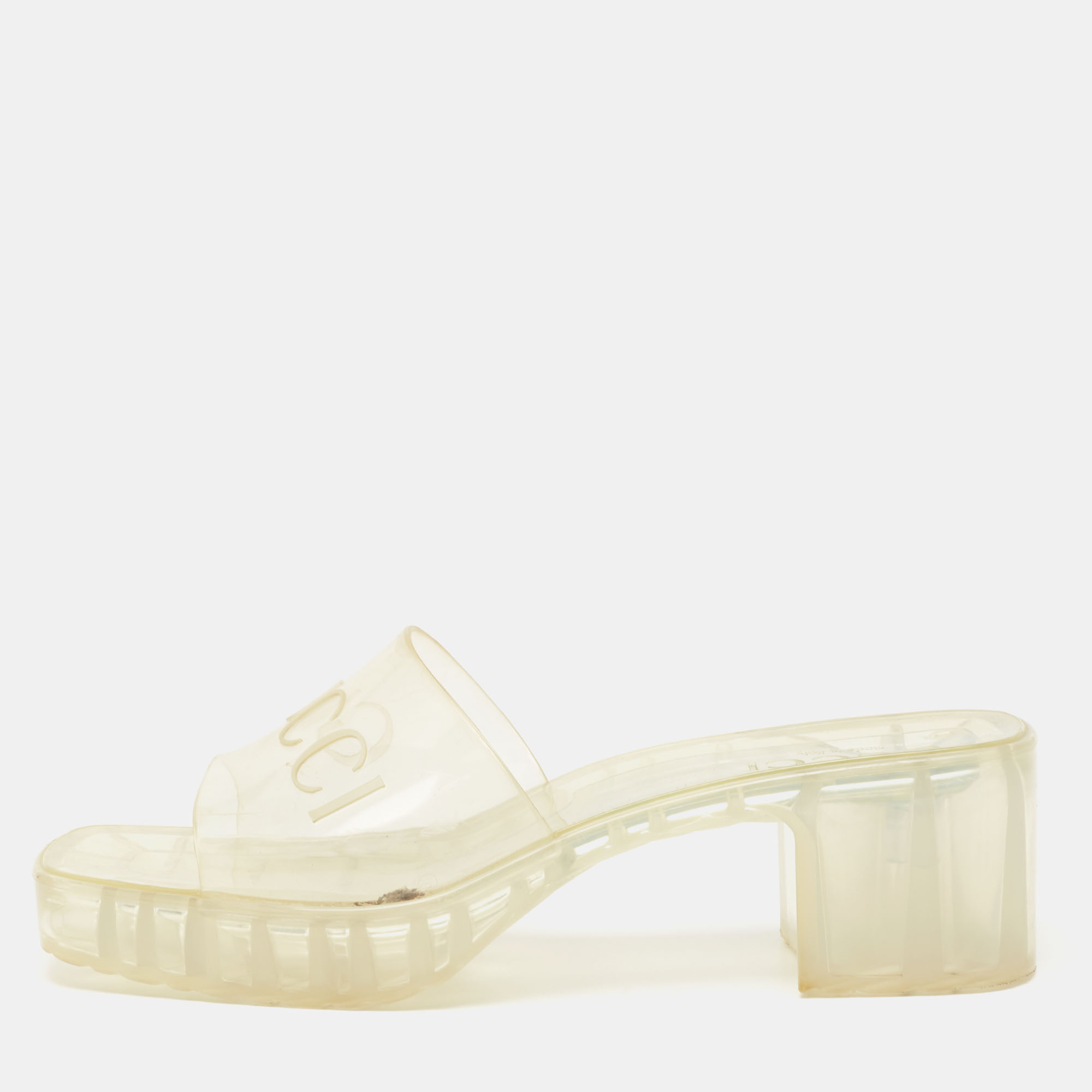 Gucci Transparent Rubber Logo Embossed Block Heel Slide Sandals Size 36