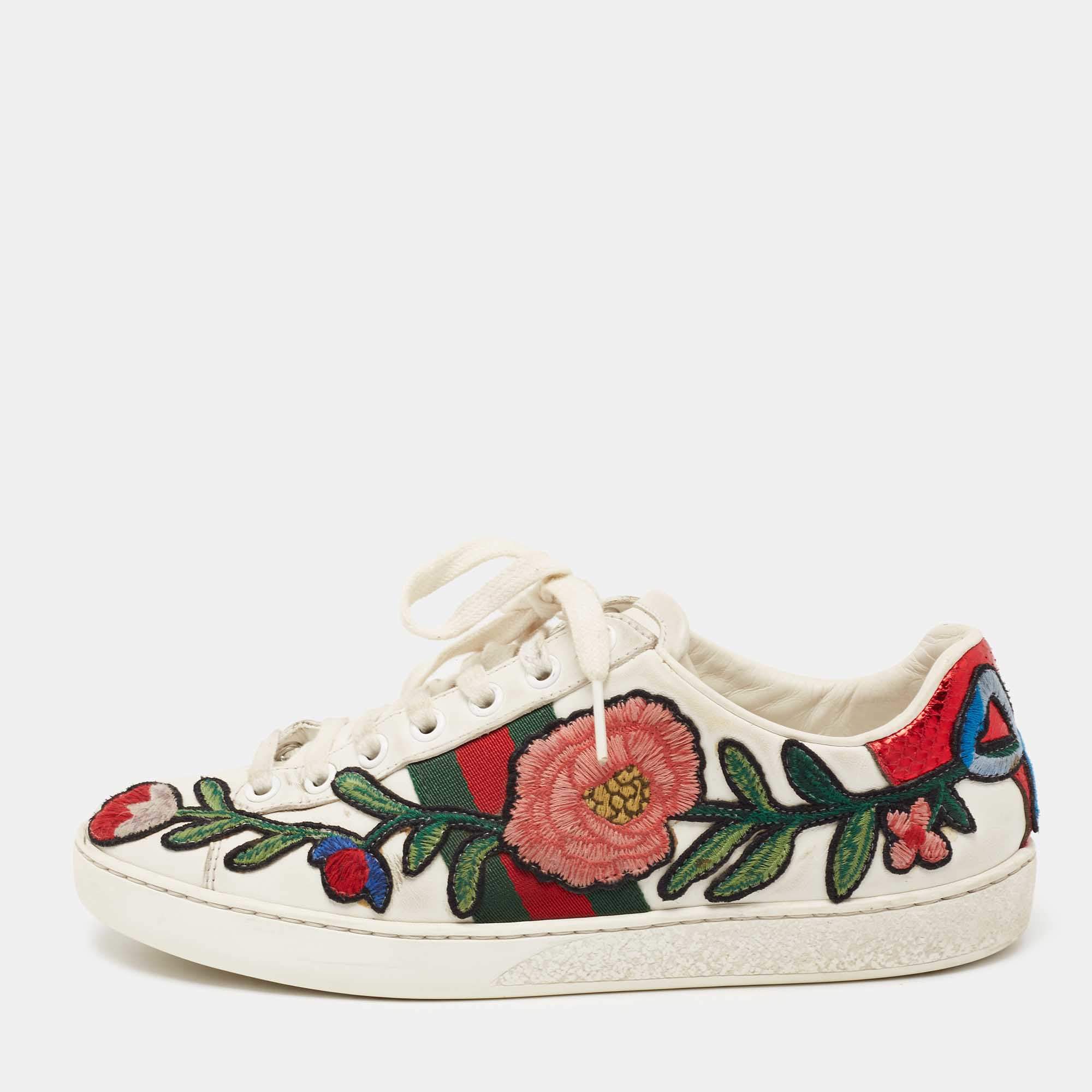 Gucci White Floral Embroidered Leather Ace Low Top Sneakers Size 36
