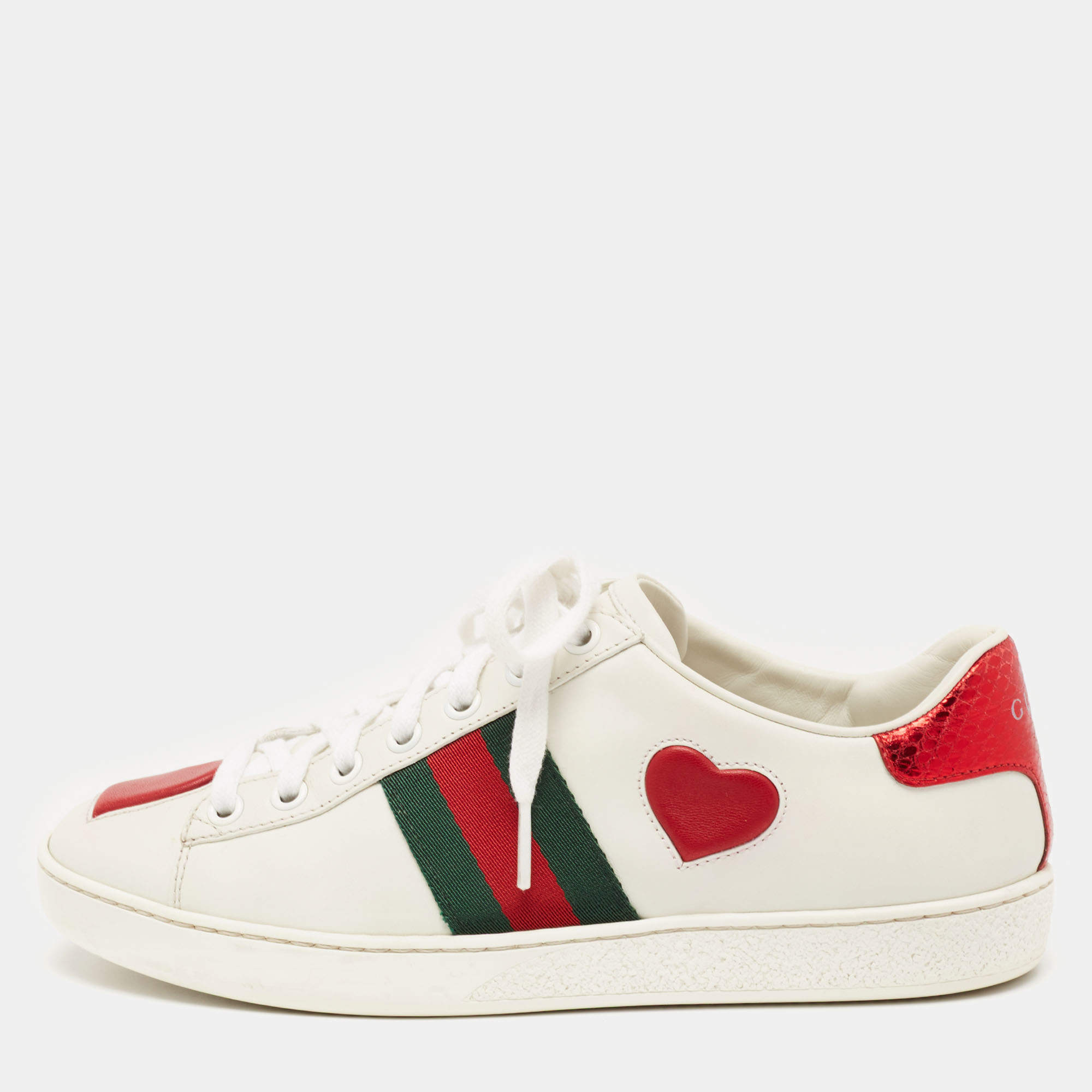 Gucci White Leather Ace Web Heart Detail Lace Up Low Top Sneaker Size 35.5