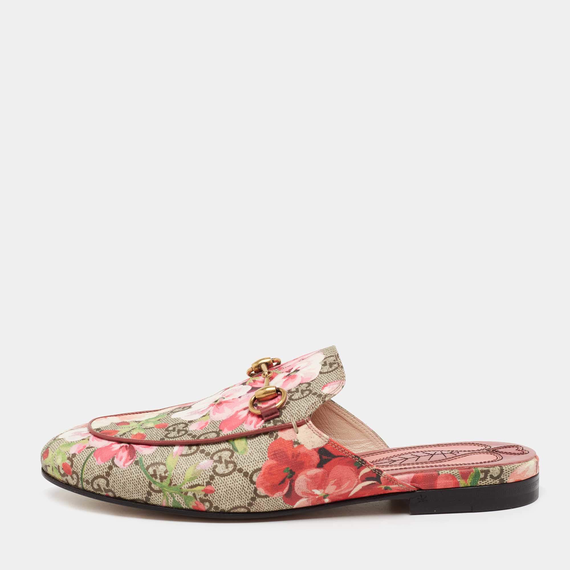 Pre Owned Gucci Beige GG Supreme Blooms Printed Canvas Horsebit Princetown Mules Size 37