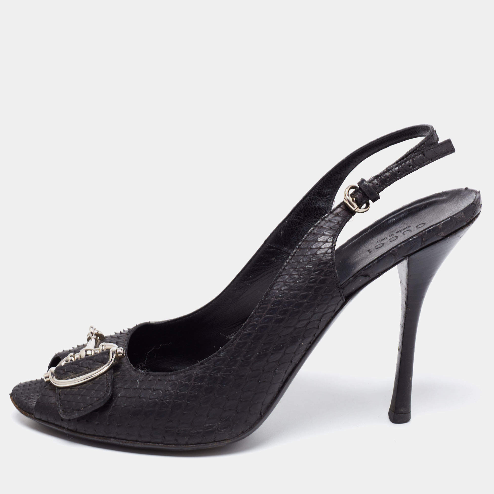 Gucci Black Python Leather Icon Bit Peep-Toe Slingback Sandals Size 39.5