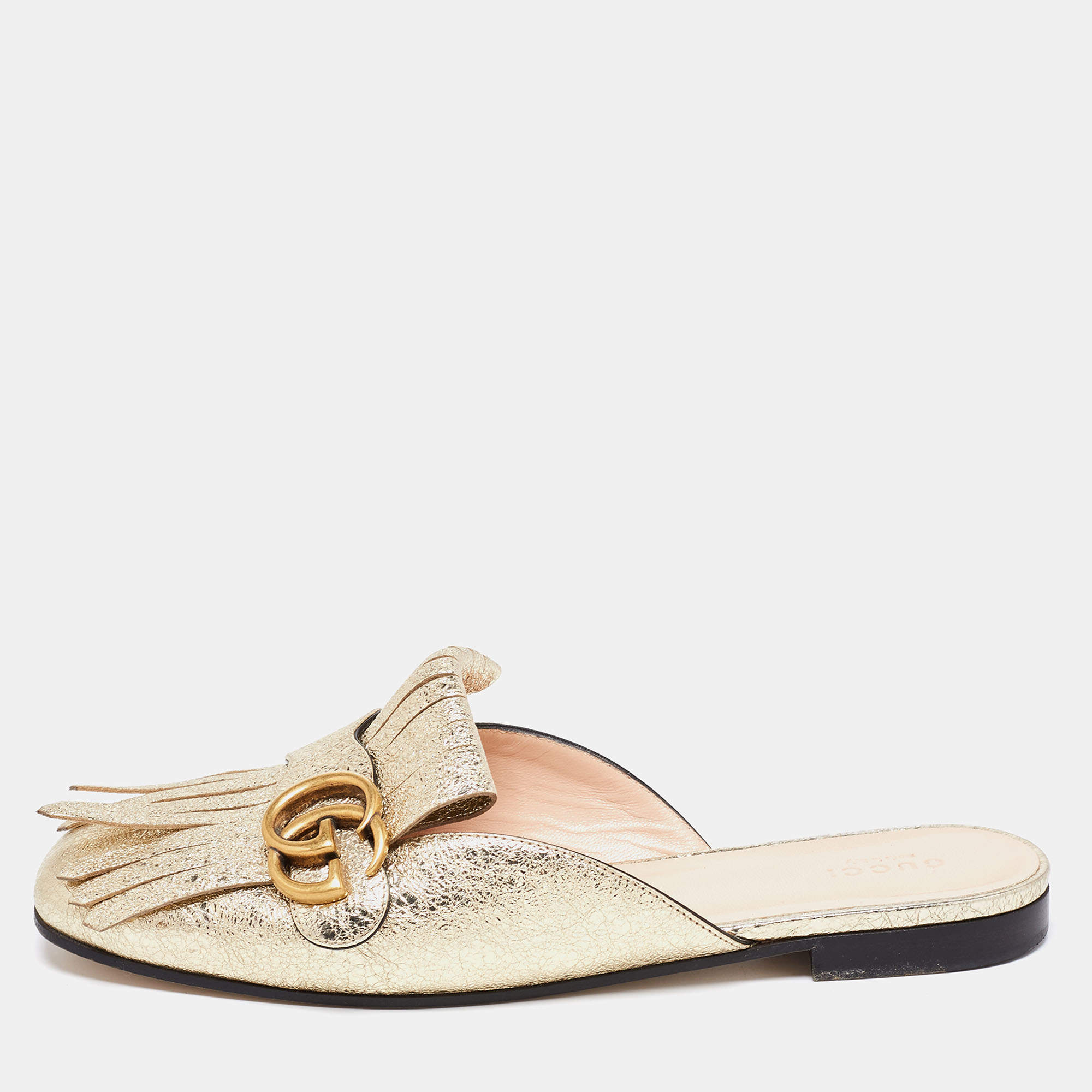 Pre Owned Gucci Metallic Gold Leather GG Marmont Fringe Mule Sandals Size 39