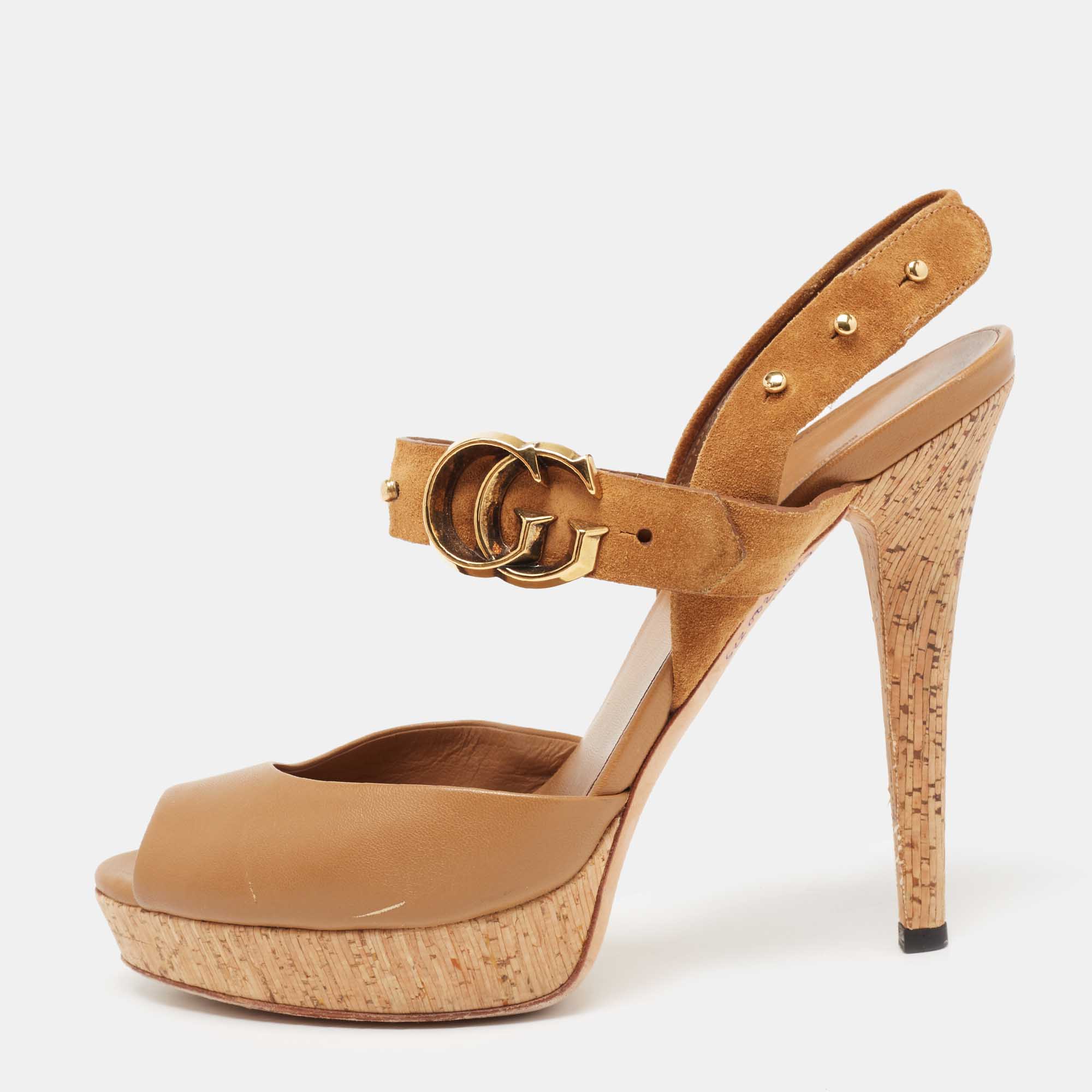Pre Owned Gucci Brown Leather and Suede GG Cork Platform Peep Toe Slingback Sandals Size 37.5